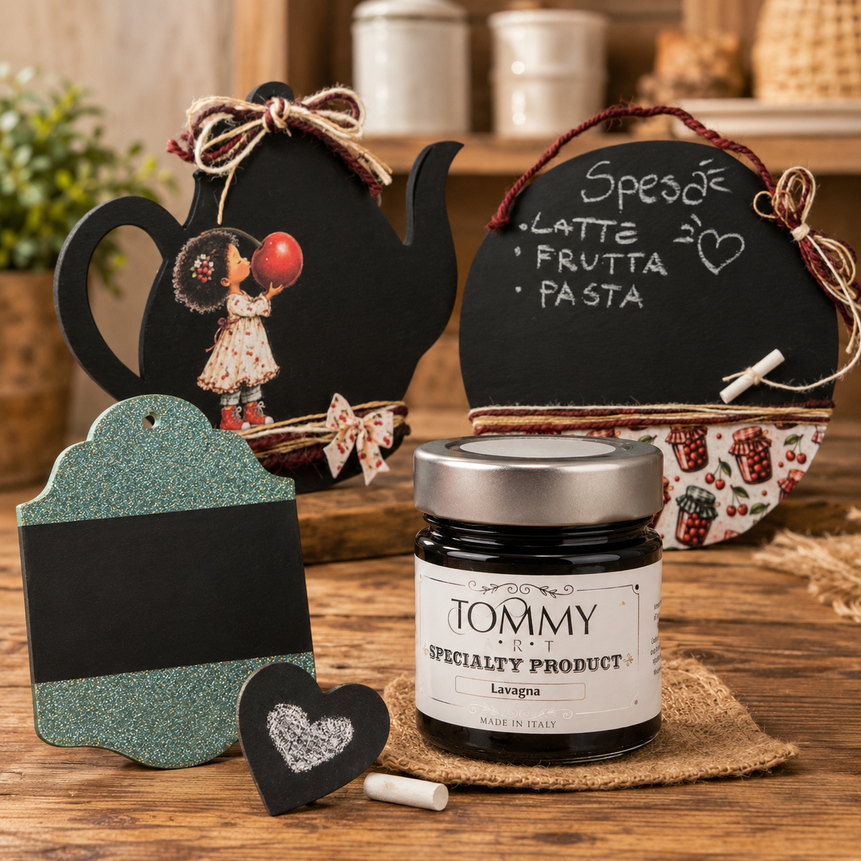 Lavagnette decorative e barattolo marmellata su tavolo rustico