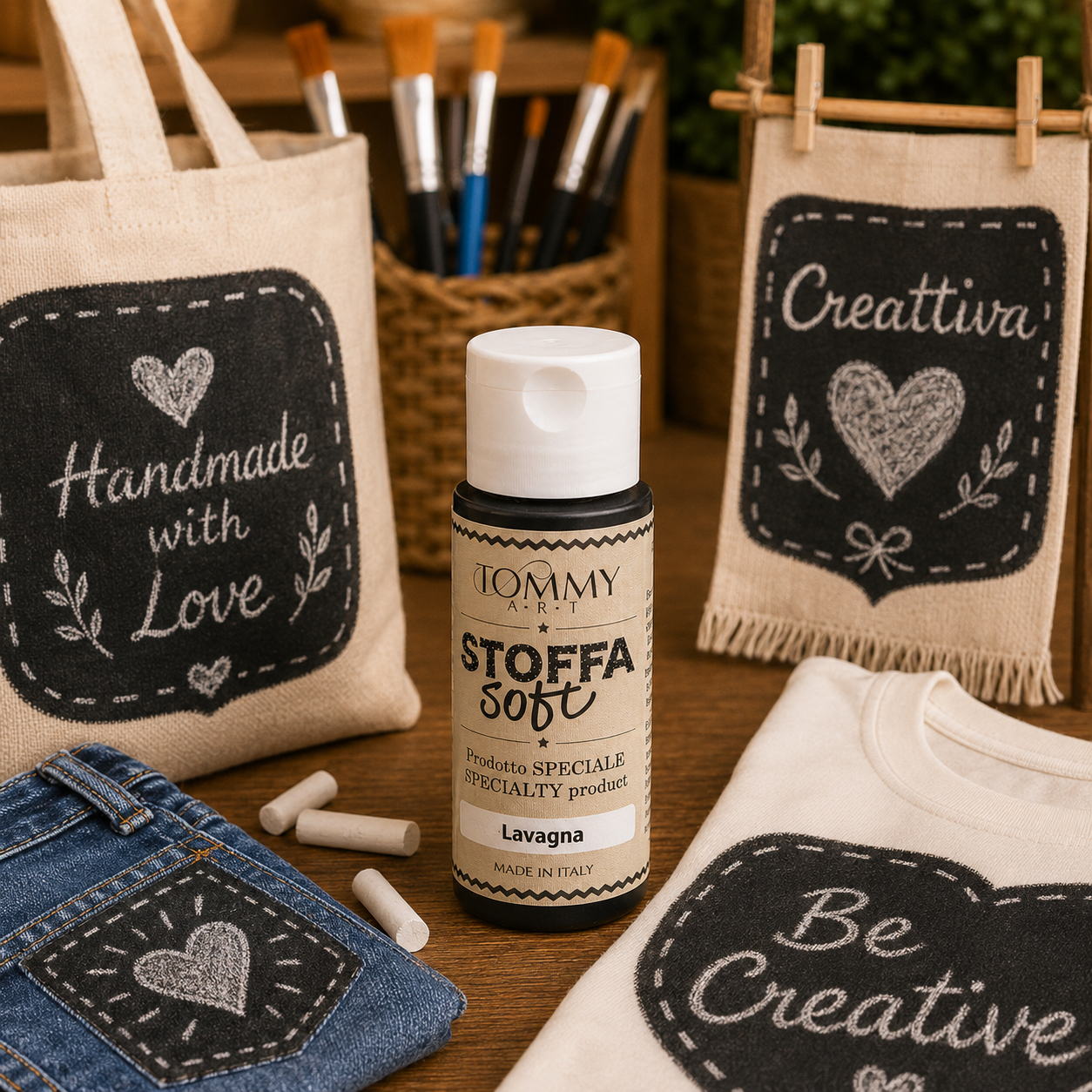 Vernice per tessuti con borse decorate a mano