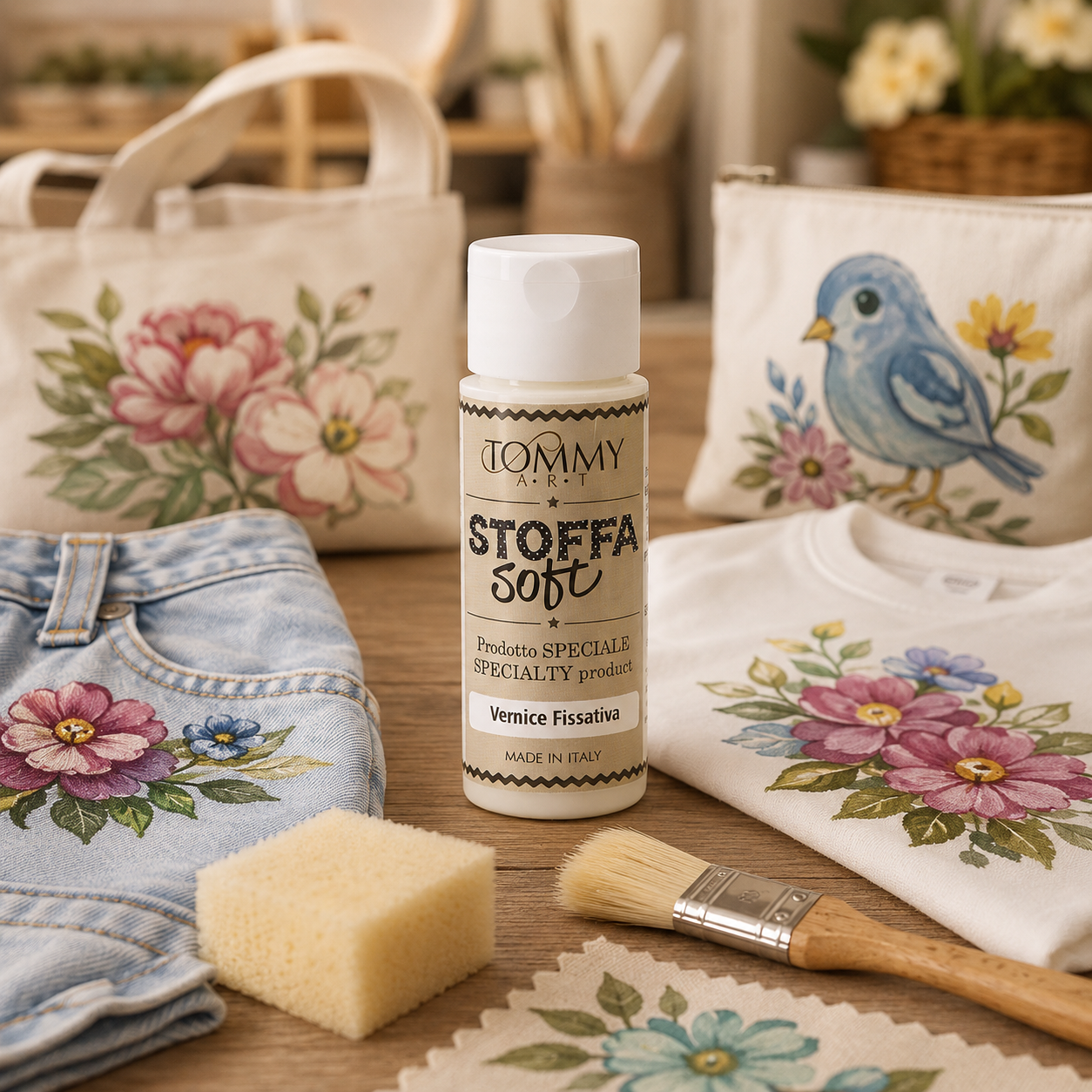 Vernice fissativa per tessuti con capi decorati