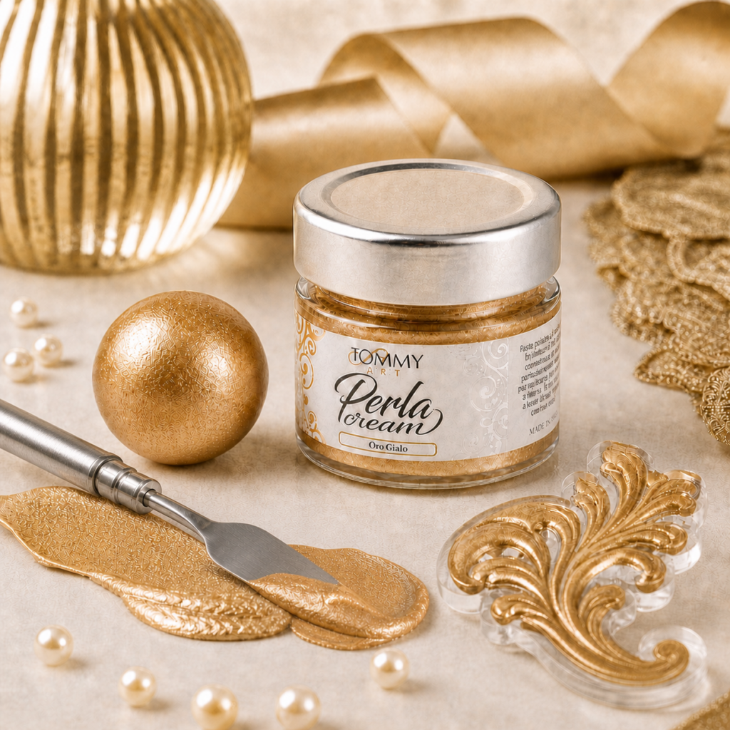 Barattolo di crema dorata decorativa con spatola