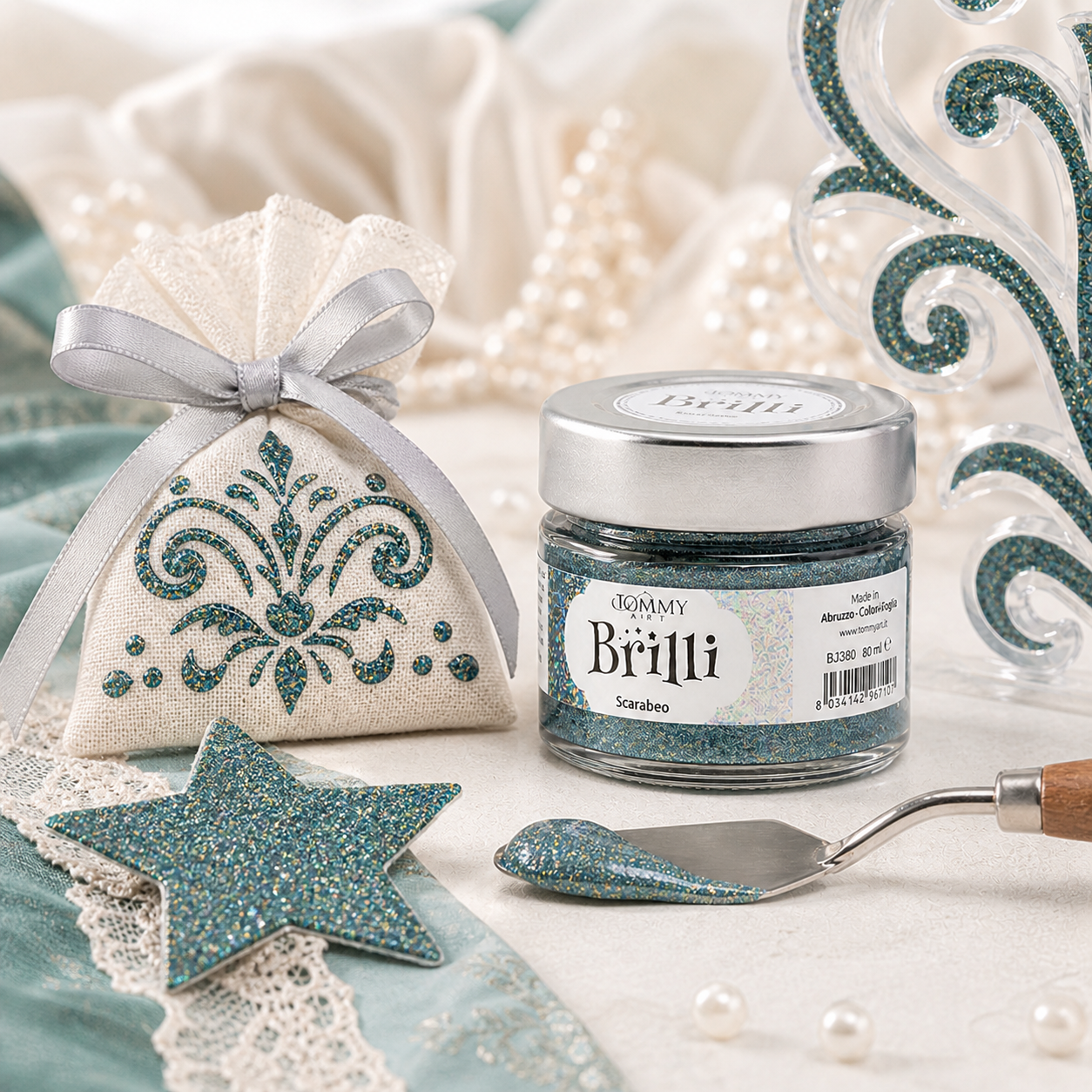 Barattolo glitter Brilli con decorazioni artigianali turchesi