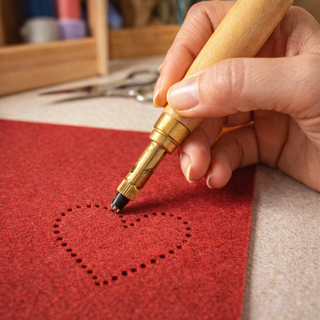 Mano incide cuore su feltro rosso