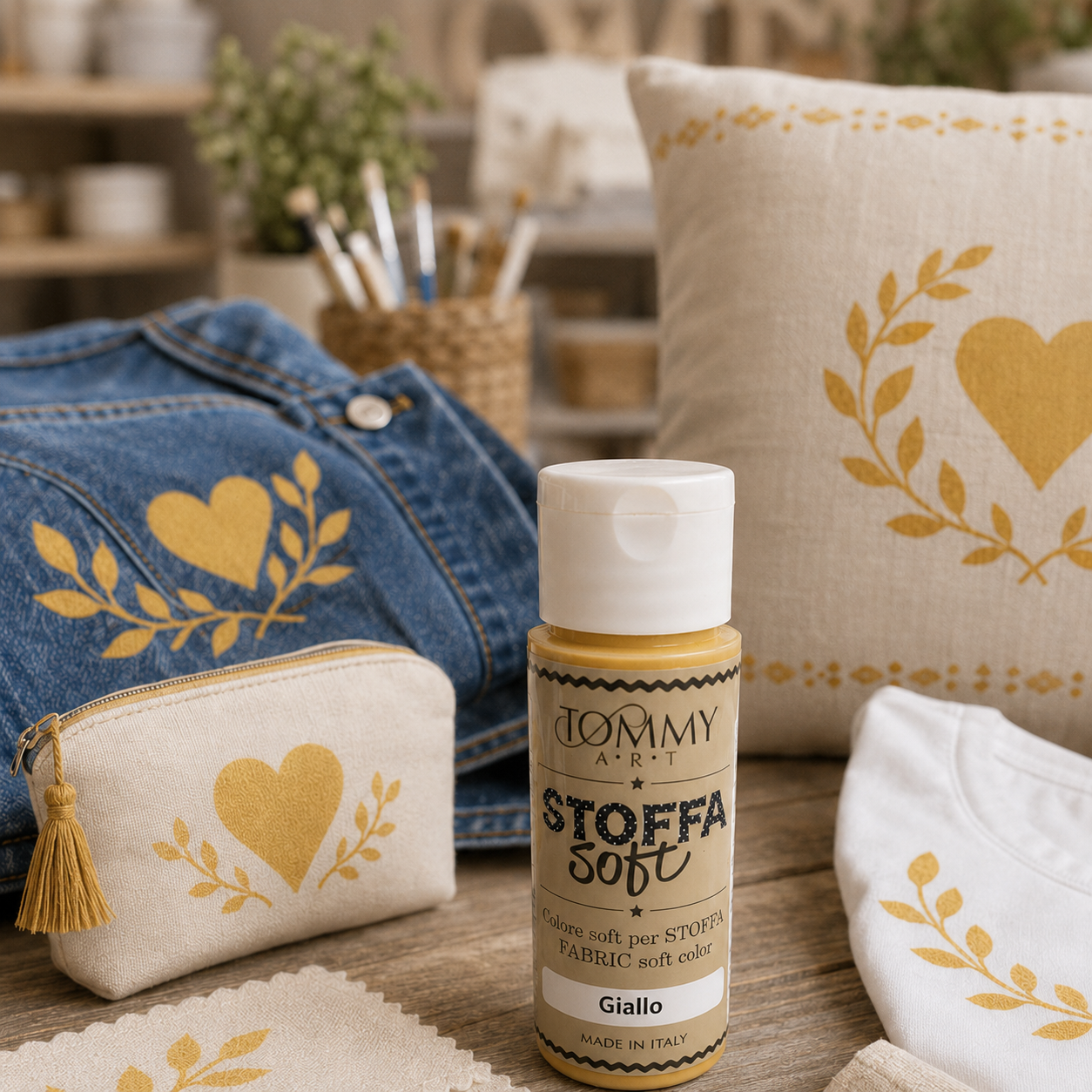 Colore per tessuti giallo con decorazioni cuore
