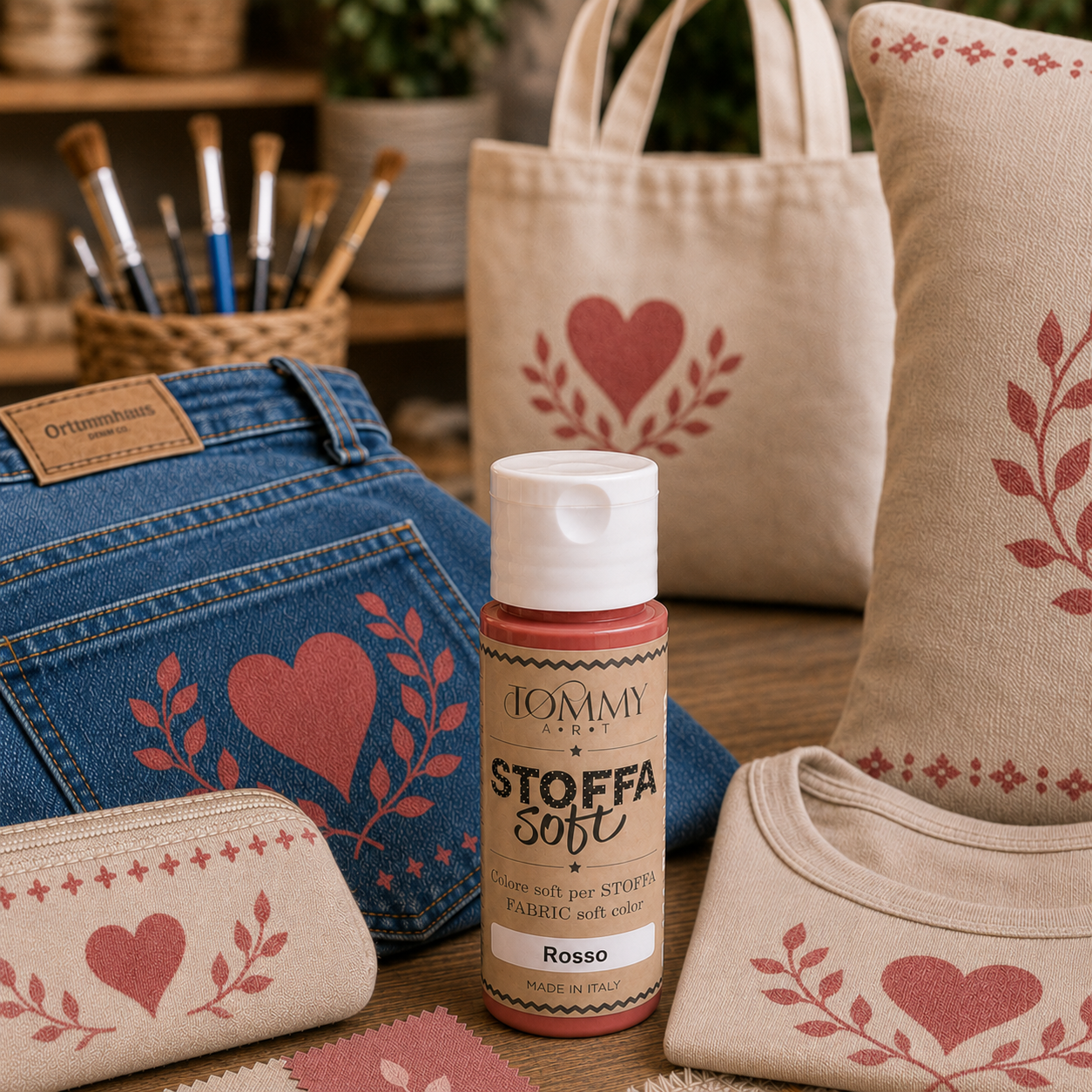 Colori per tessuti e accessori con cuori rossi