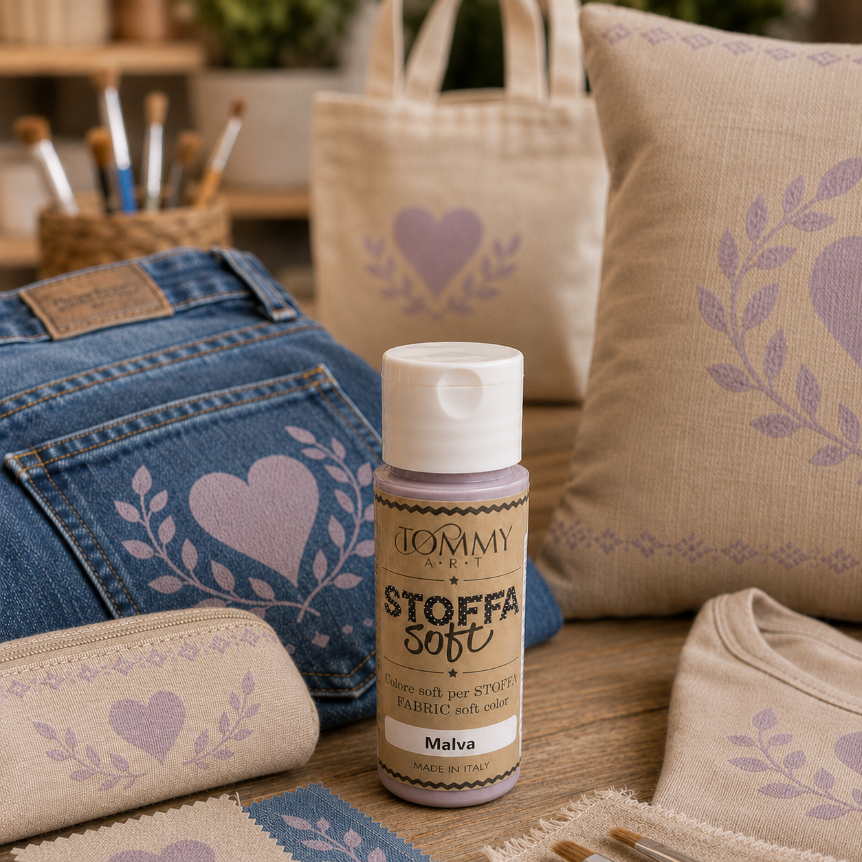 Barattolo colore tessuti Malva con accessori decorati