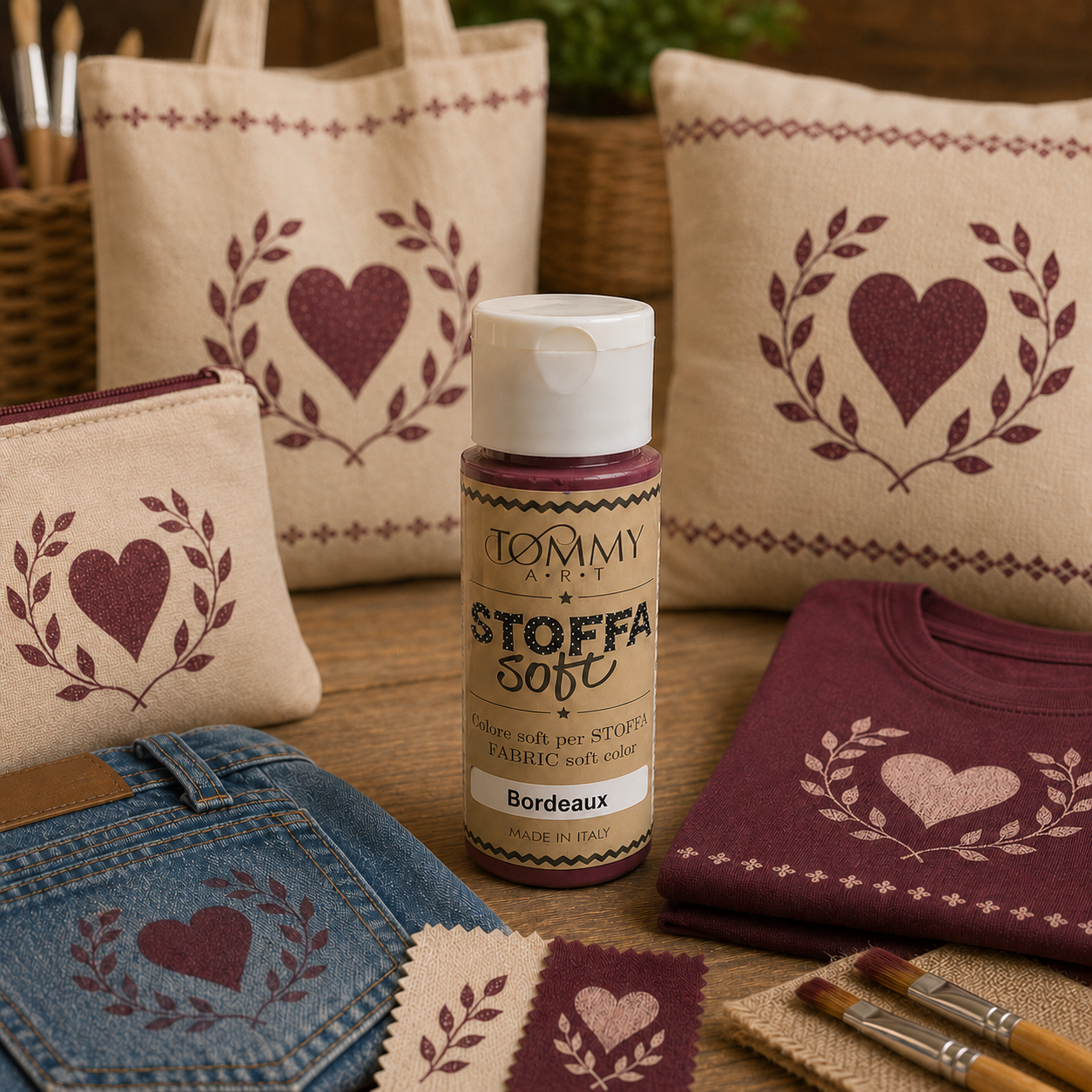 Colore per tessuti bordeaux con borse decorate