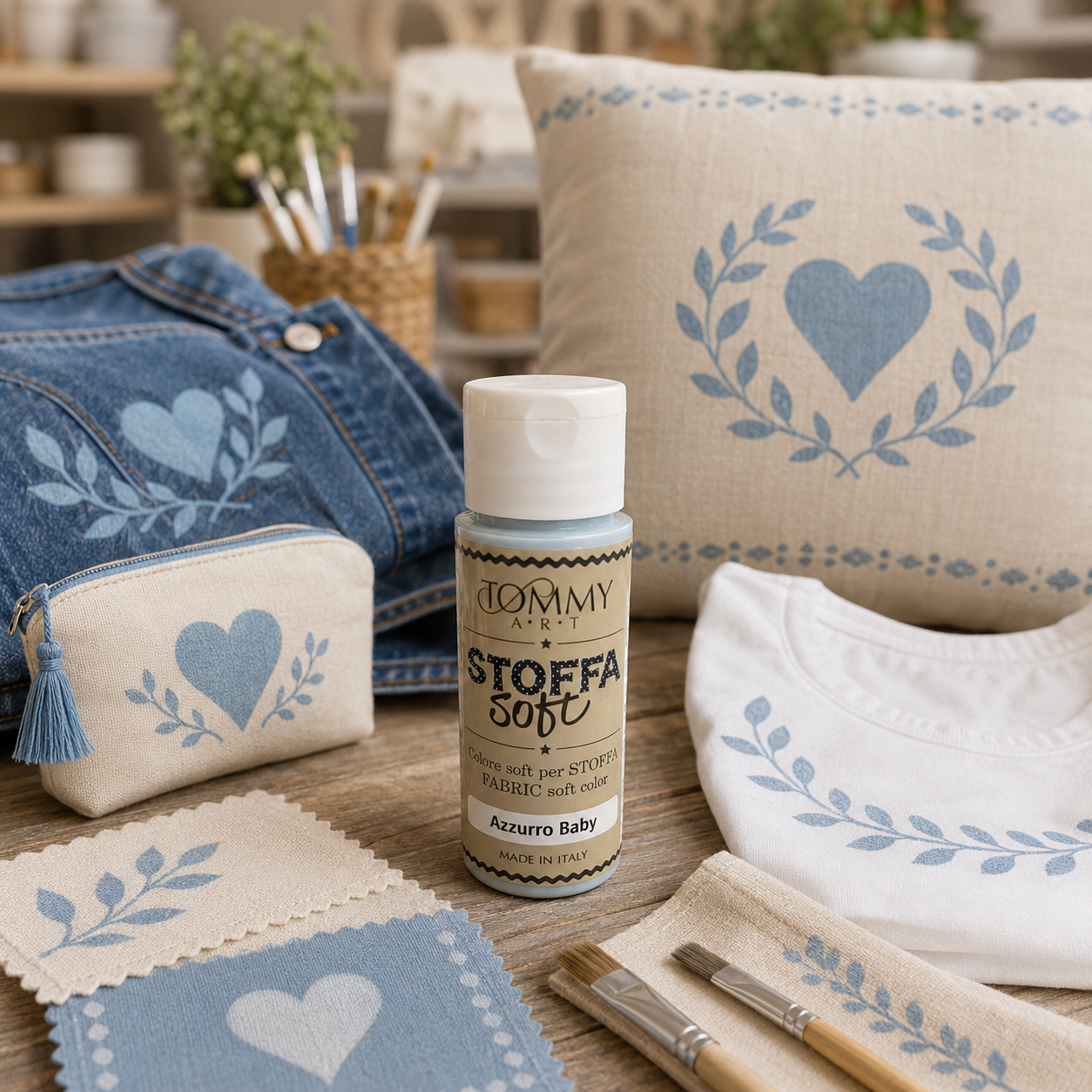 Vernice per tessuti e decorazioni azzurre su stoffa