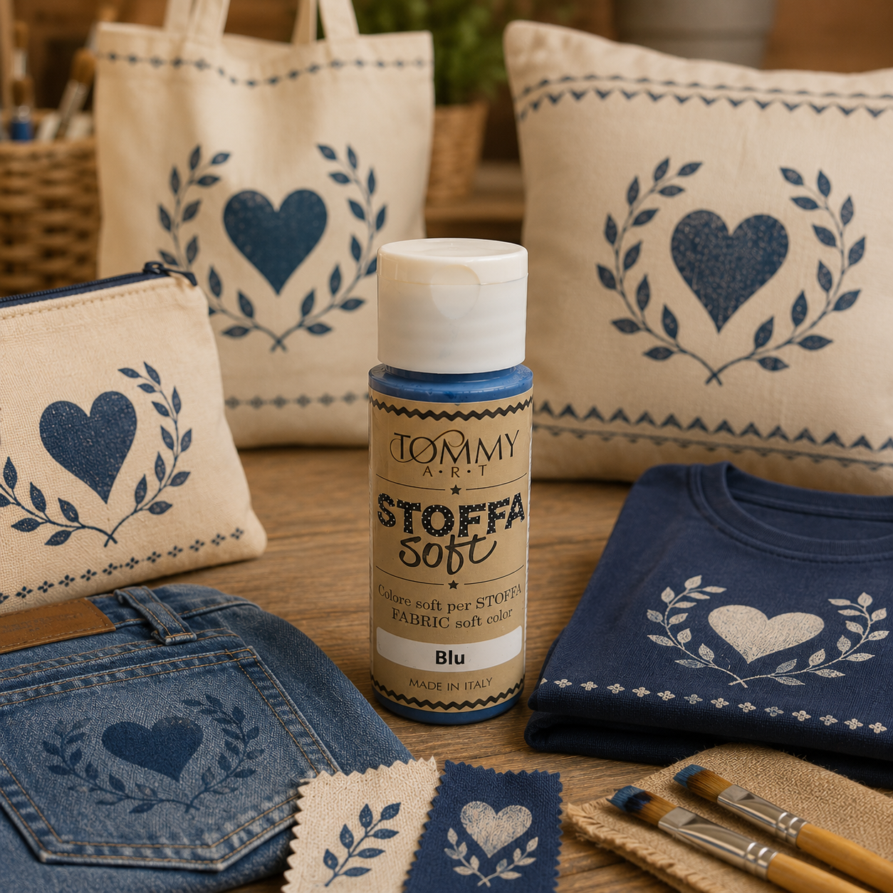 Colore per tessuti blu con decorazioni cuore