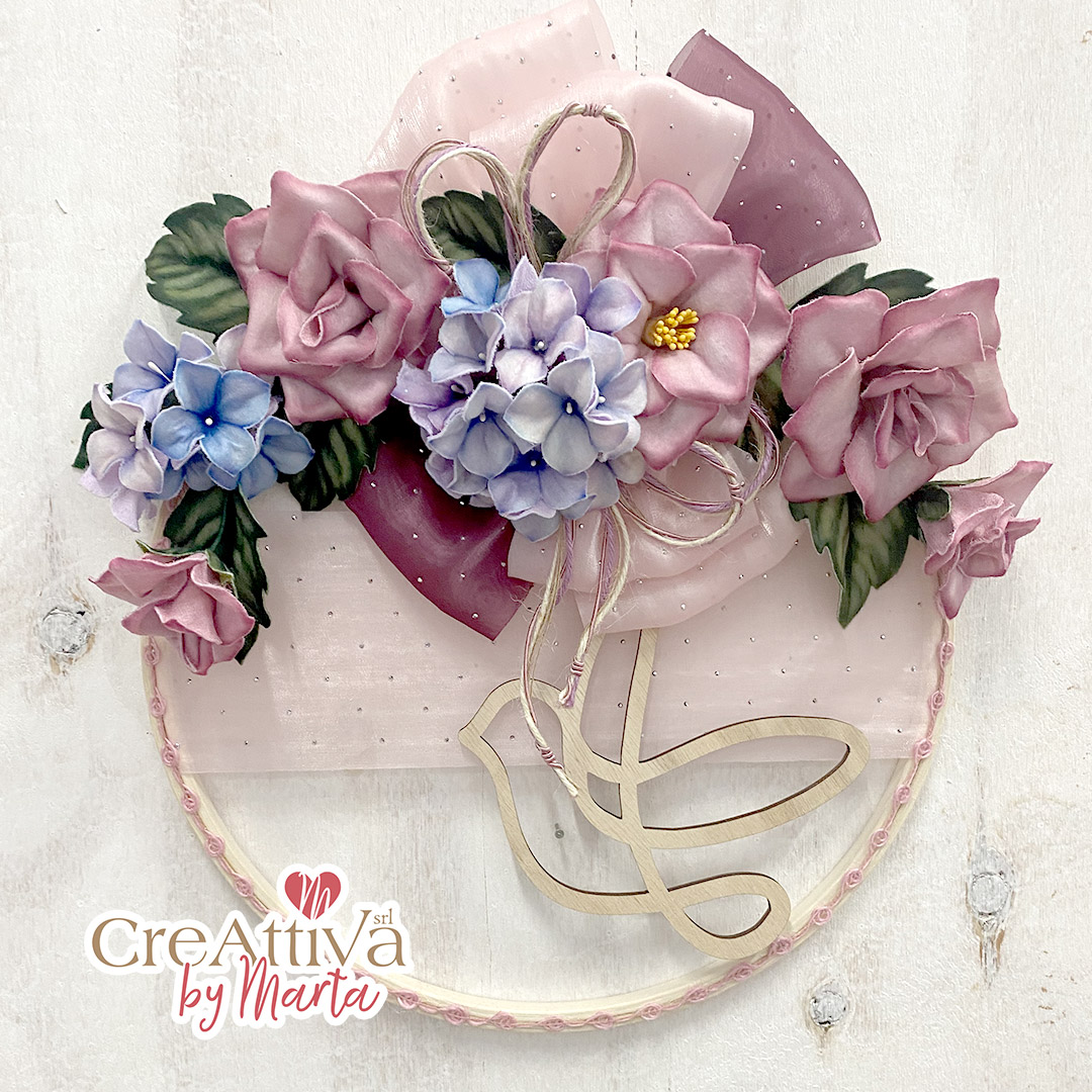 KIT GHIRLANDA TELAIO CON ROSE E ORTENSIE IN PANNOLENCI STAMPATO DECO - CRKIT471 - immagine 2