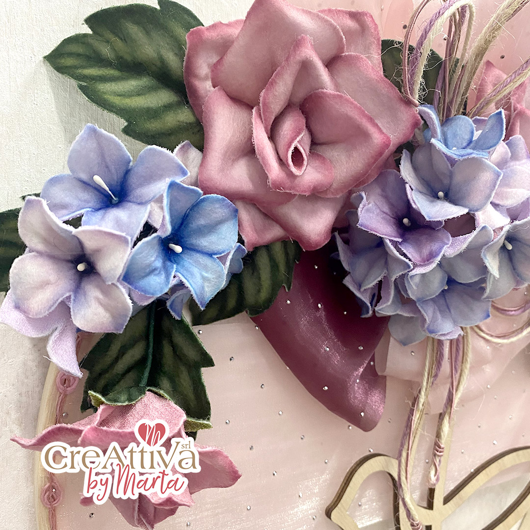 KIT GHIRLANDA TELAIO CON ROSE E ORTENSIE IN PANNOLENCI STAMPATO DECO - CRKIT471 - immagine 4