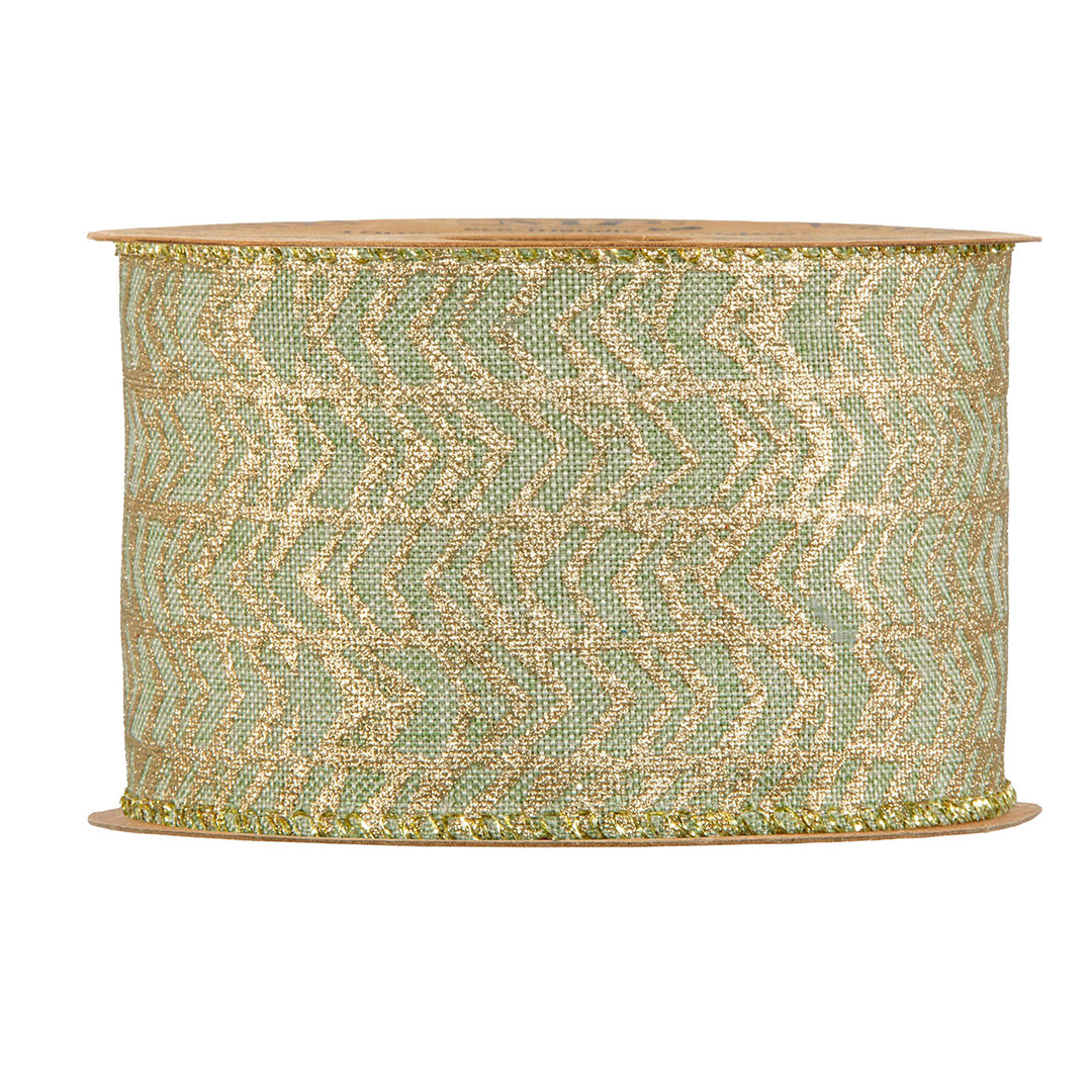 Nastro animato verde salvia con zig zag oro H6,3 cm, 1 metro, bordi modellabili per fiocchi e ghirlande.