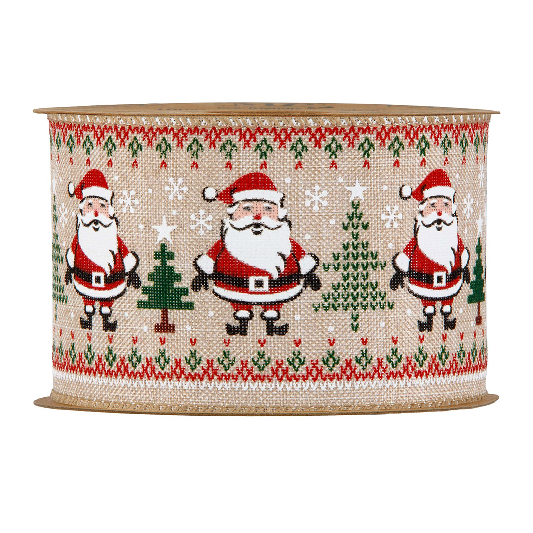 Nastro animato con Babbi e alberi impunturati H6,3 cm, 1 metro, bordi modellabili per fiocchi e ghirlande.