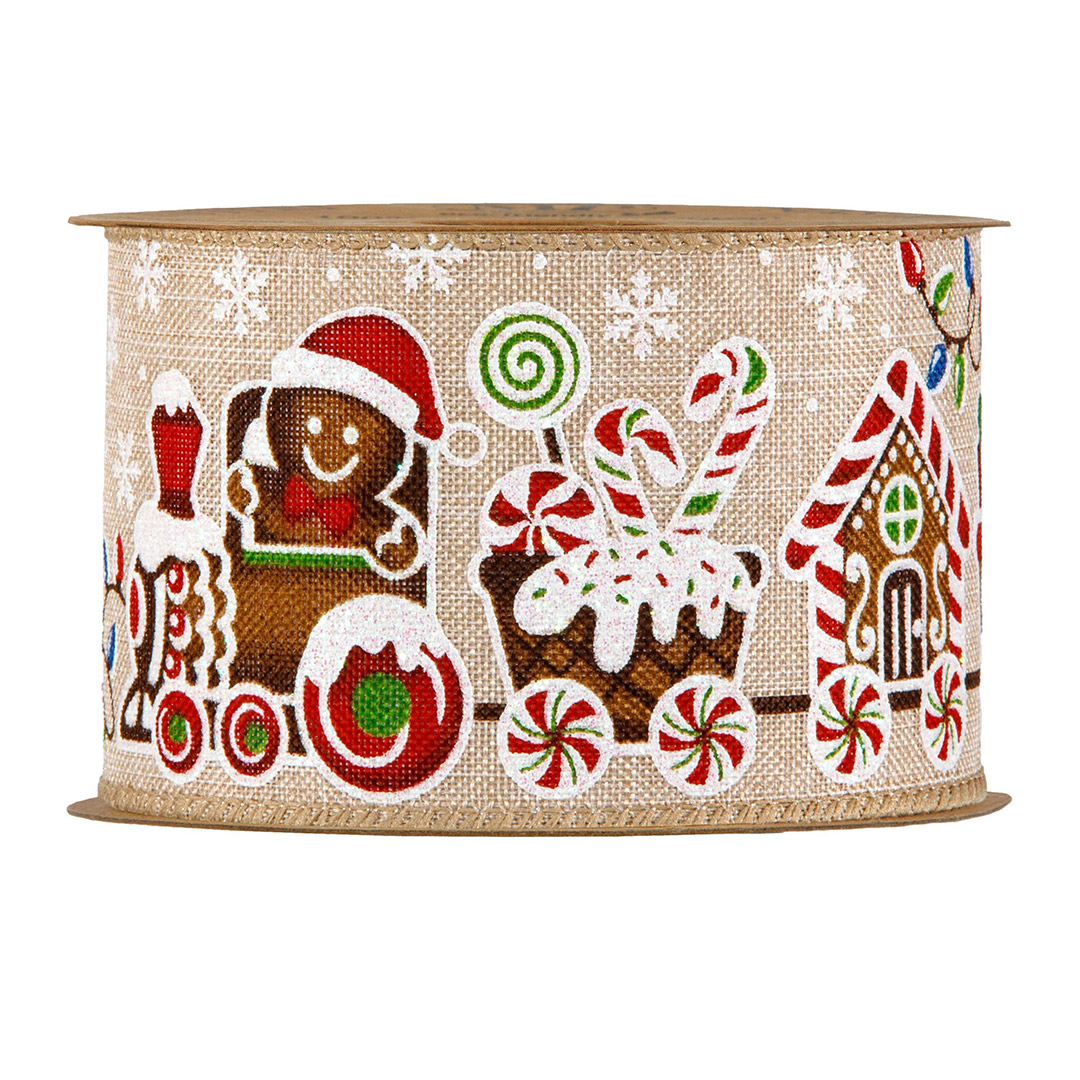 Nastro animato con gingerbread su trenino natalizio H6,3 cm, 1 metro, bordi modellabili per fiocchi e ghirlande.