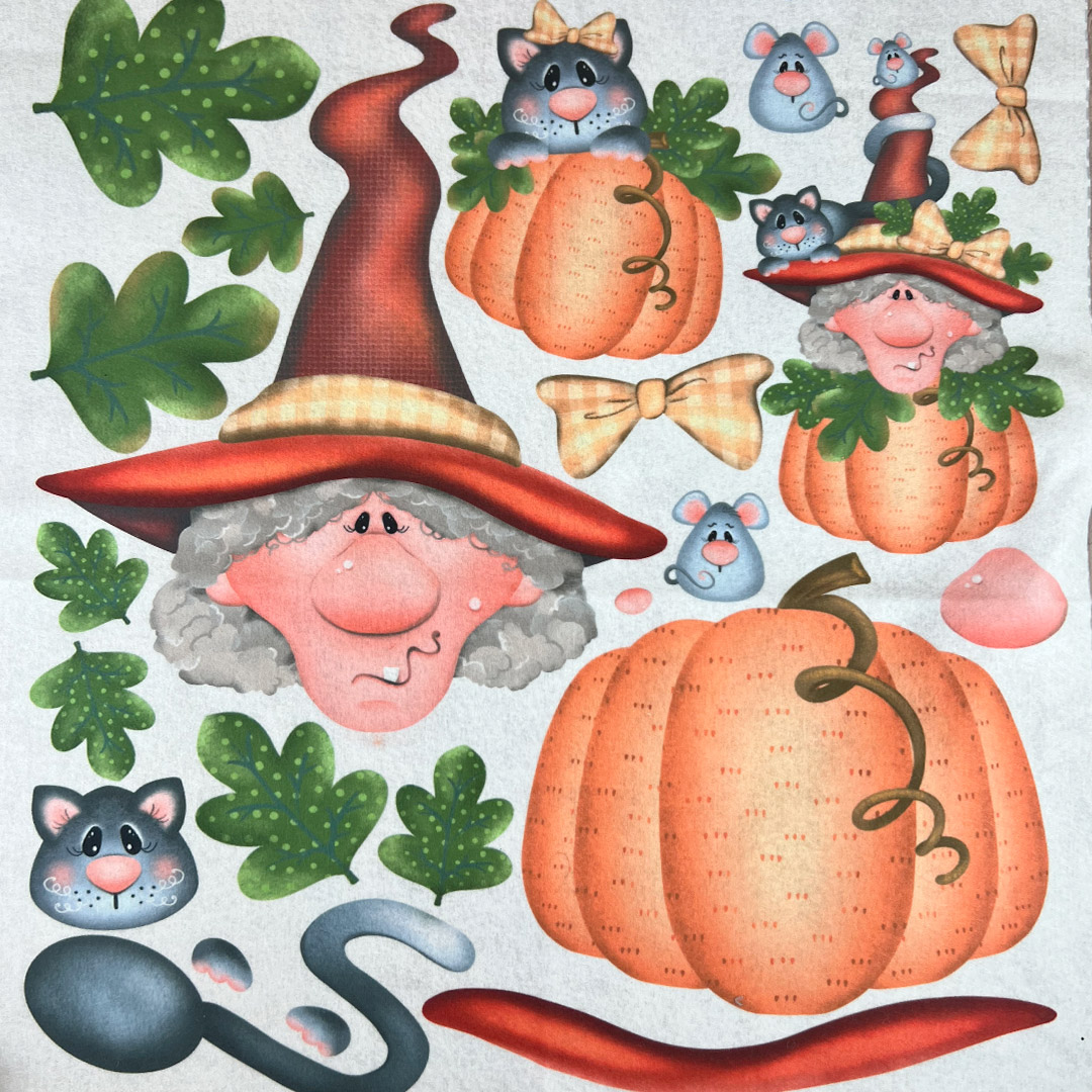 Illustrazione autunnale con zucche, gatti, topi e strega