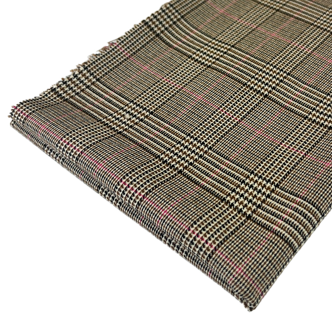 Tessuto principe di Galles marrone con righe rosa