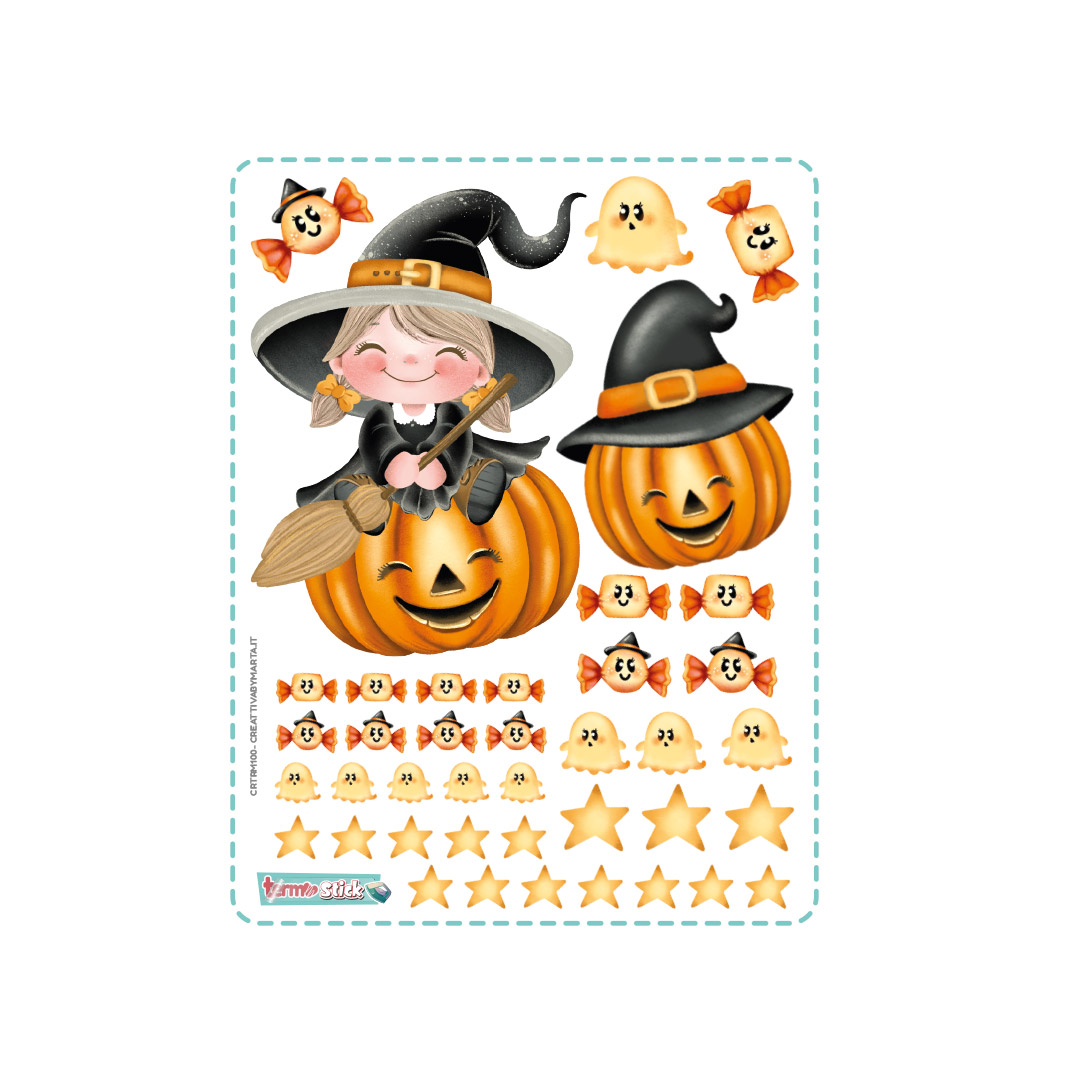 Stickers Halloween con strega, zucche e fantasmini