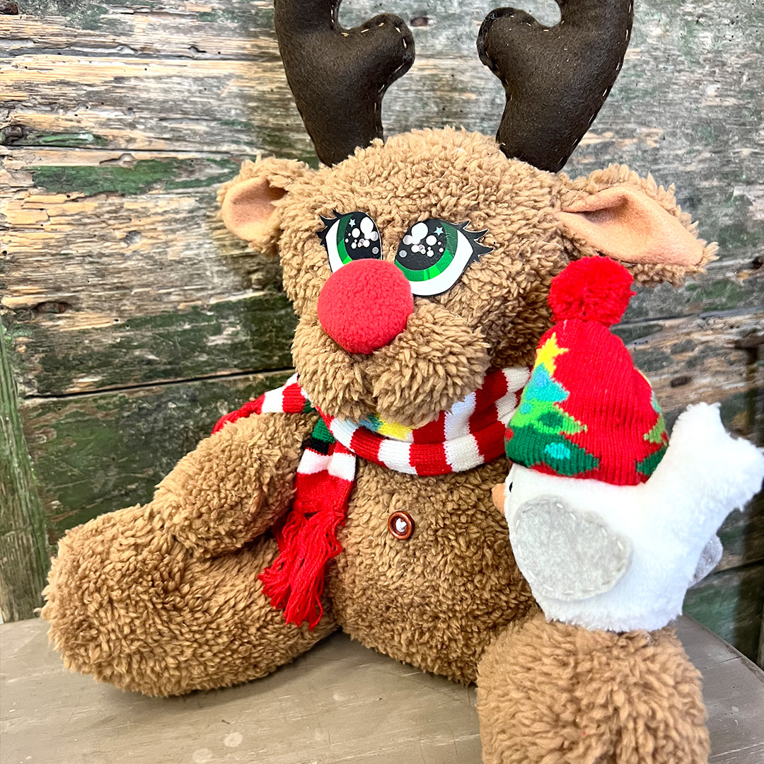 Peluches natalizi renna e uccellino con sciarpa rossa