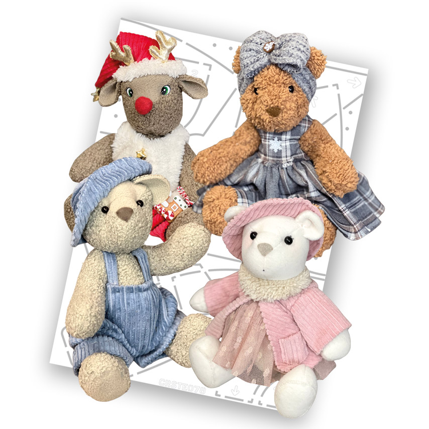 Peluches orsetti e renna con vestiti colorati