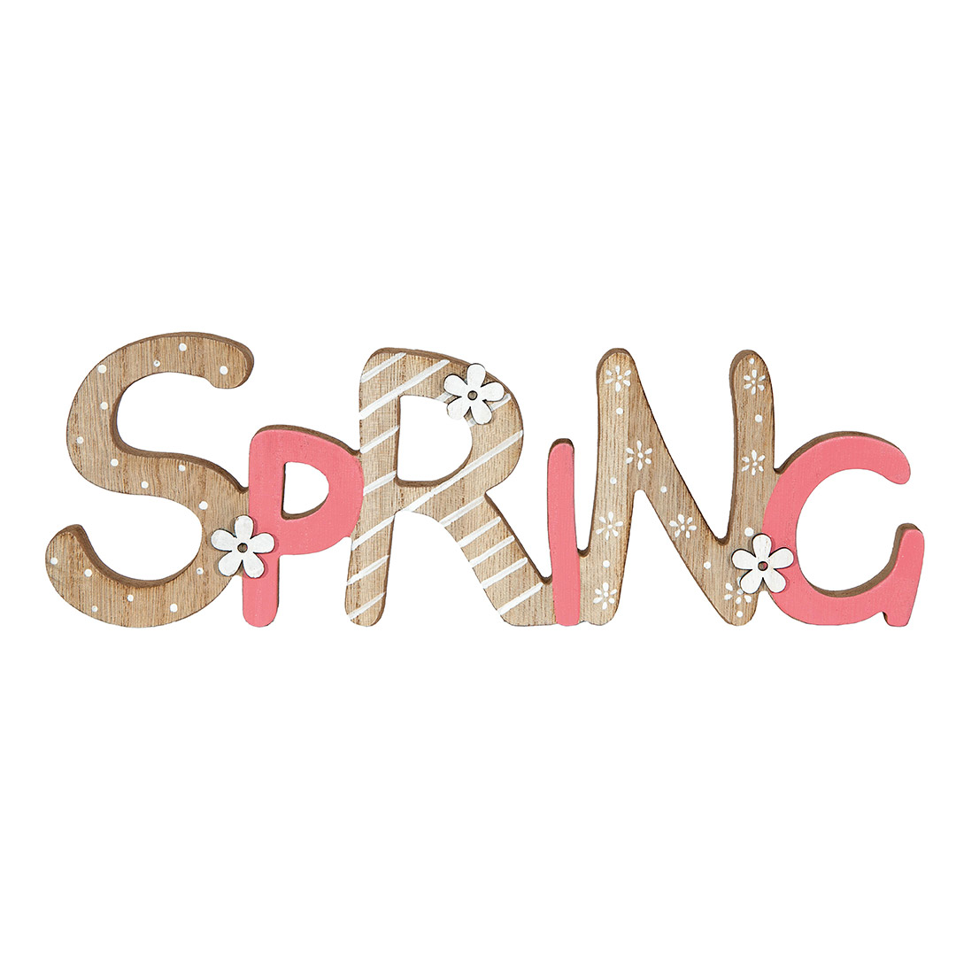 Decorazione primaverile con scritta Spring e fiori