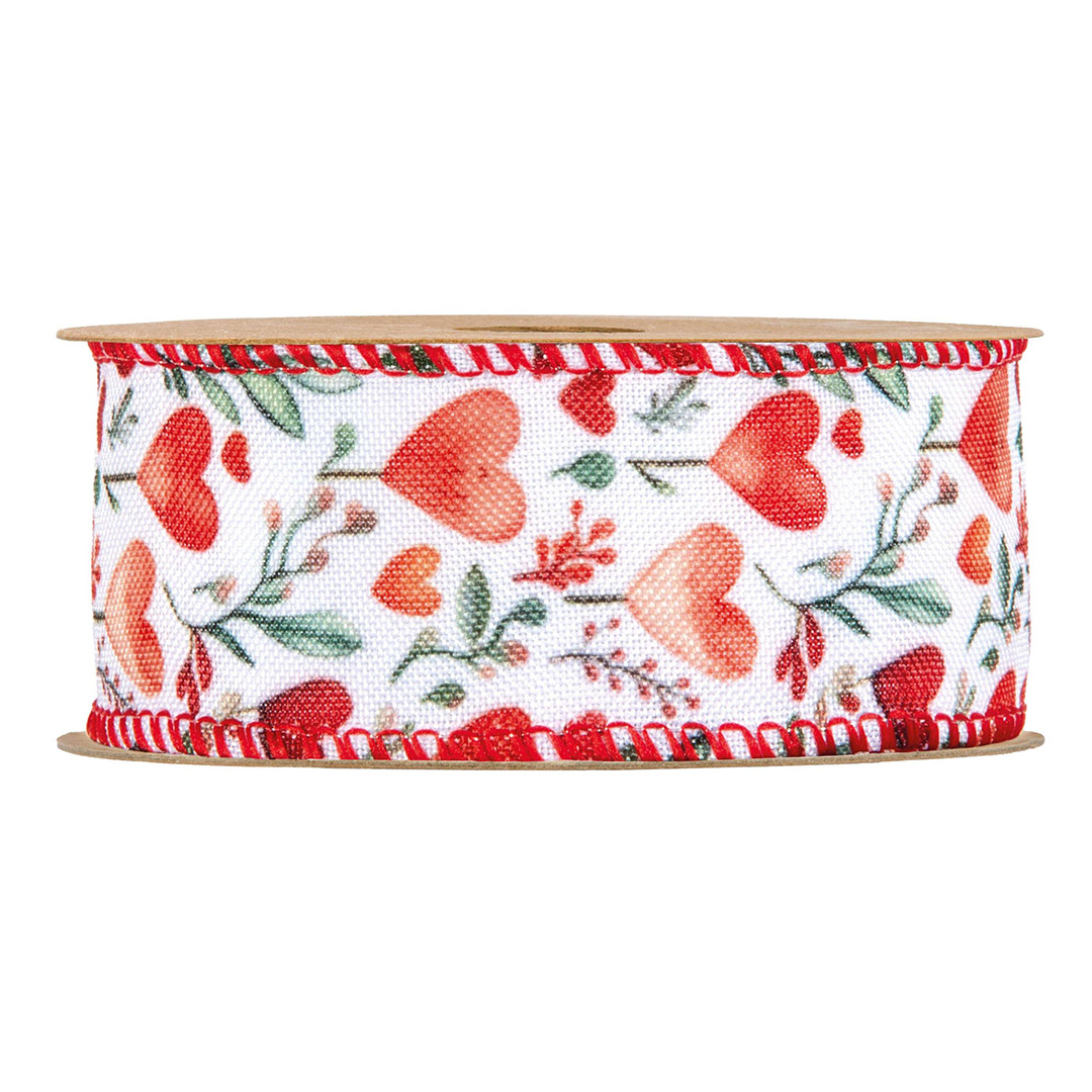 Nastro decorativo con cuori rossi e foglie verdi