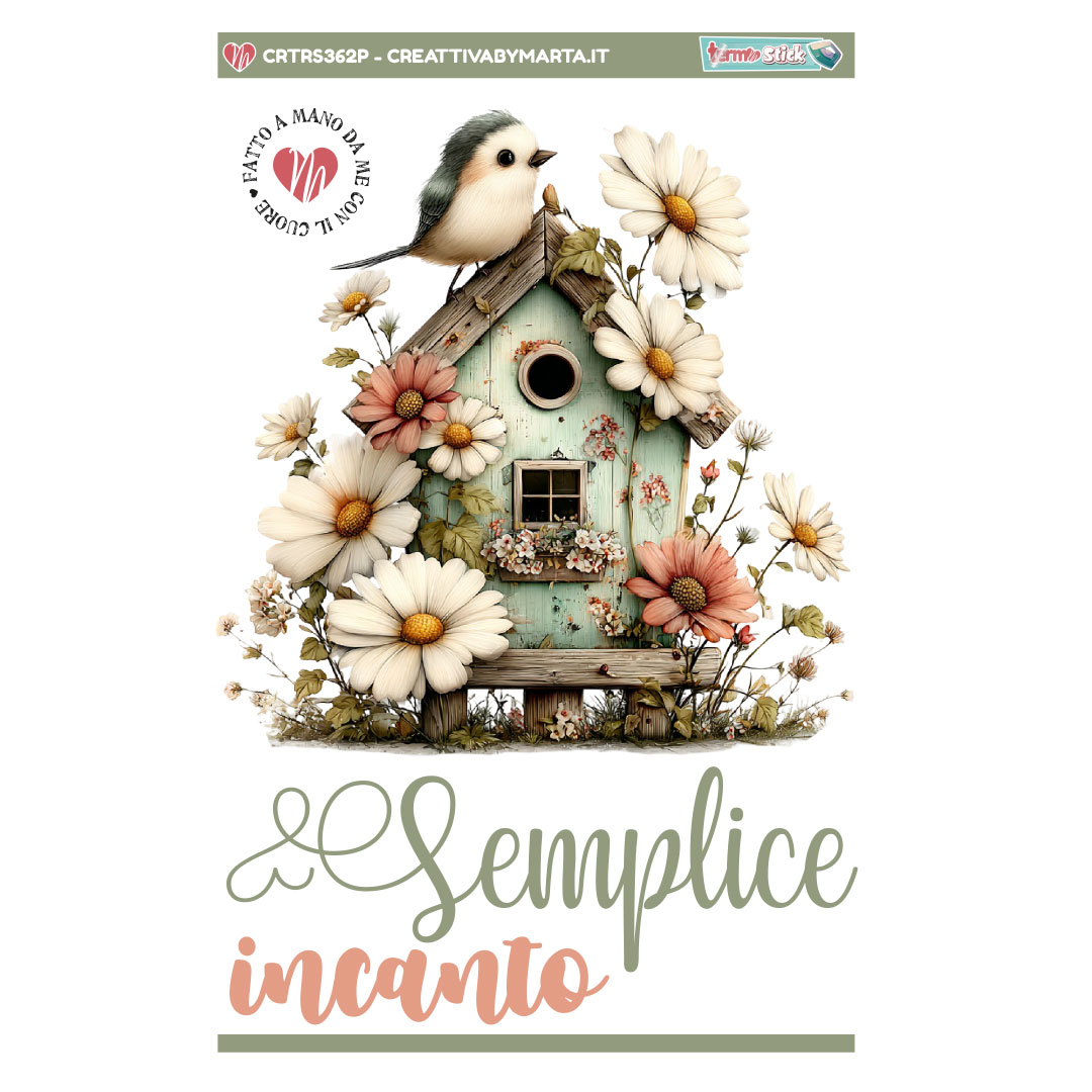 TERMOSTICK CASETTA VINTAGE CON MARGERITE E PASSEROTTO SUL TETTO – CRTRS362