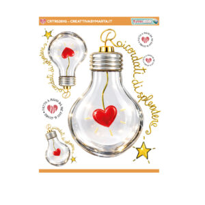 Lampadina con cuore rosso e scritta dorata