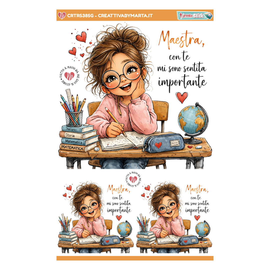 Illustrazione bambina al banco con dedica alla maestra