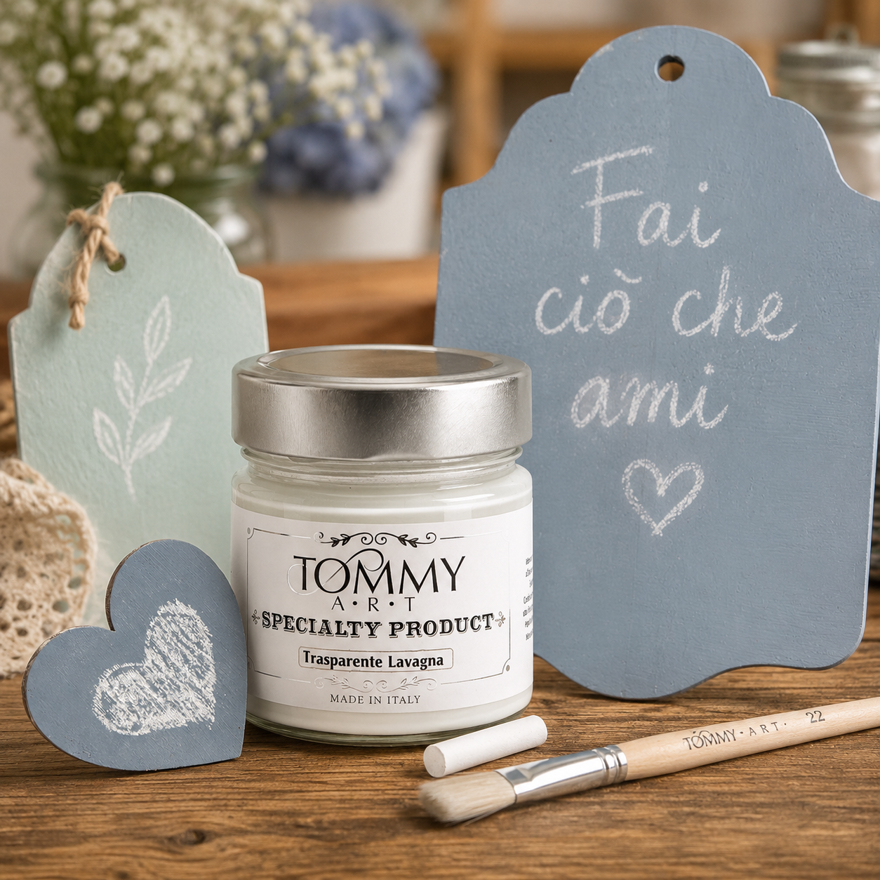 Barattolo vernice lavagna con targhette decorative blu