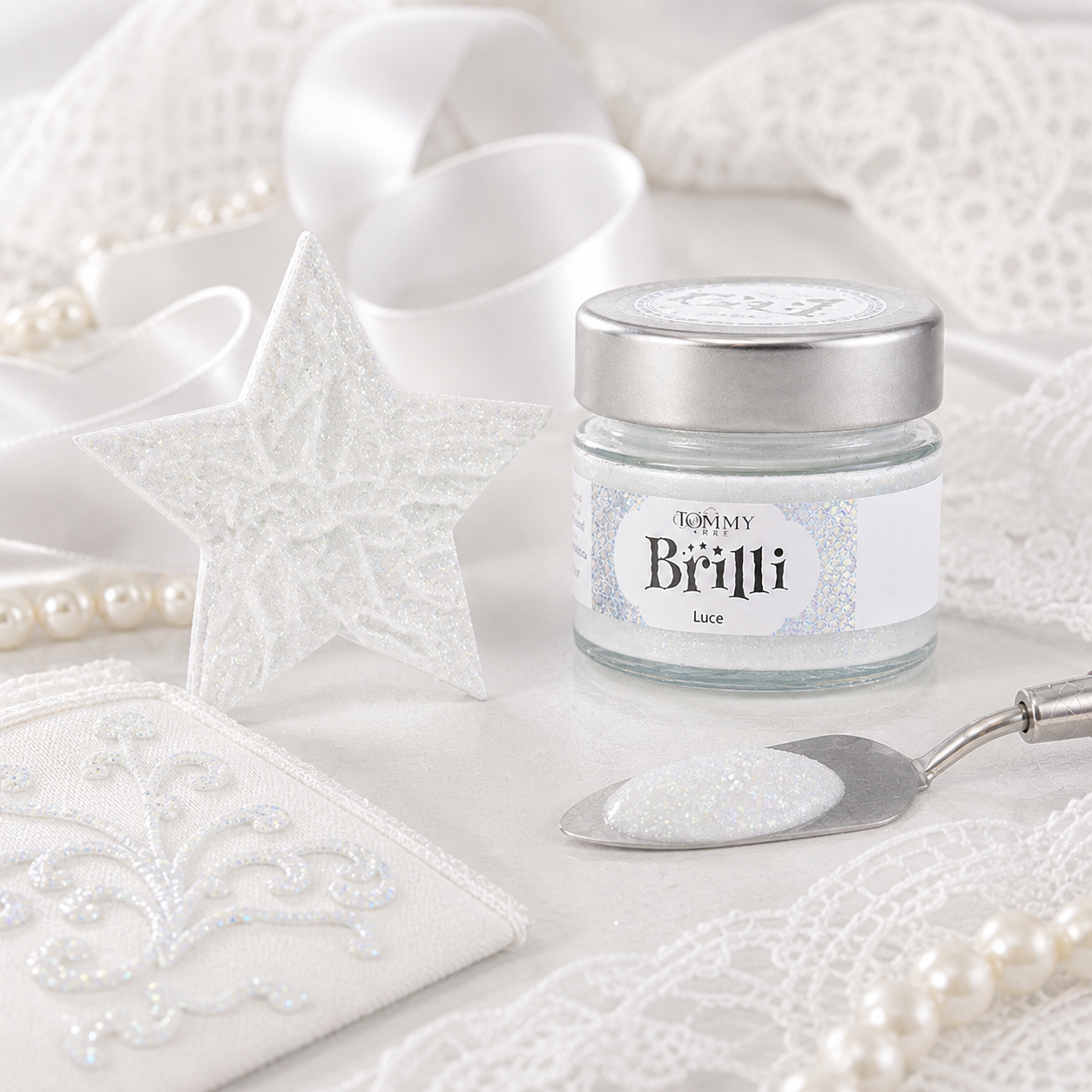 Barattolo glitter bianco con stella decorativa