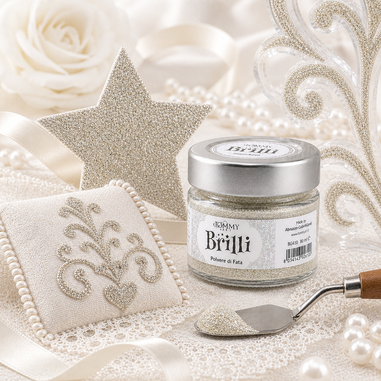 Barattolo di glitter decorativo con stella e perle