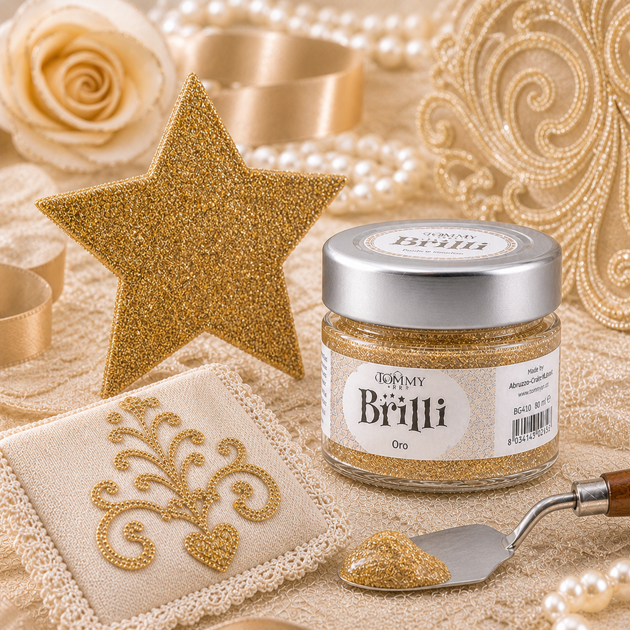 Barattolo glitter oro con decorazioni eleganti