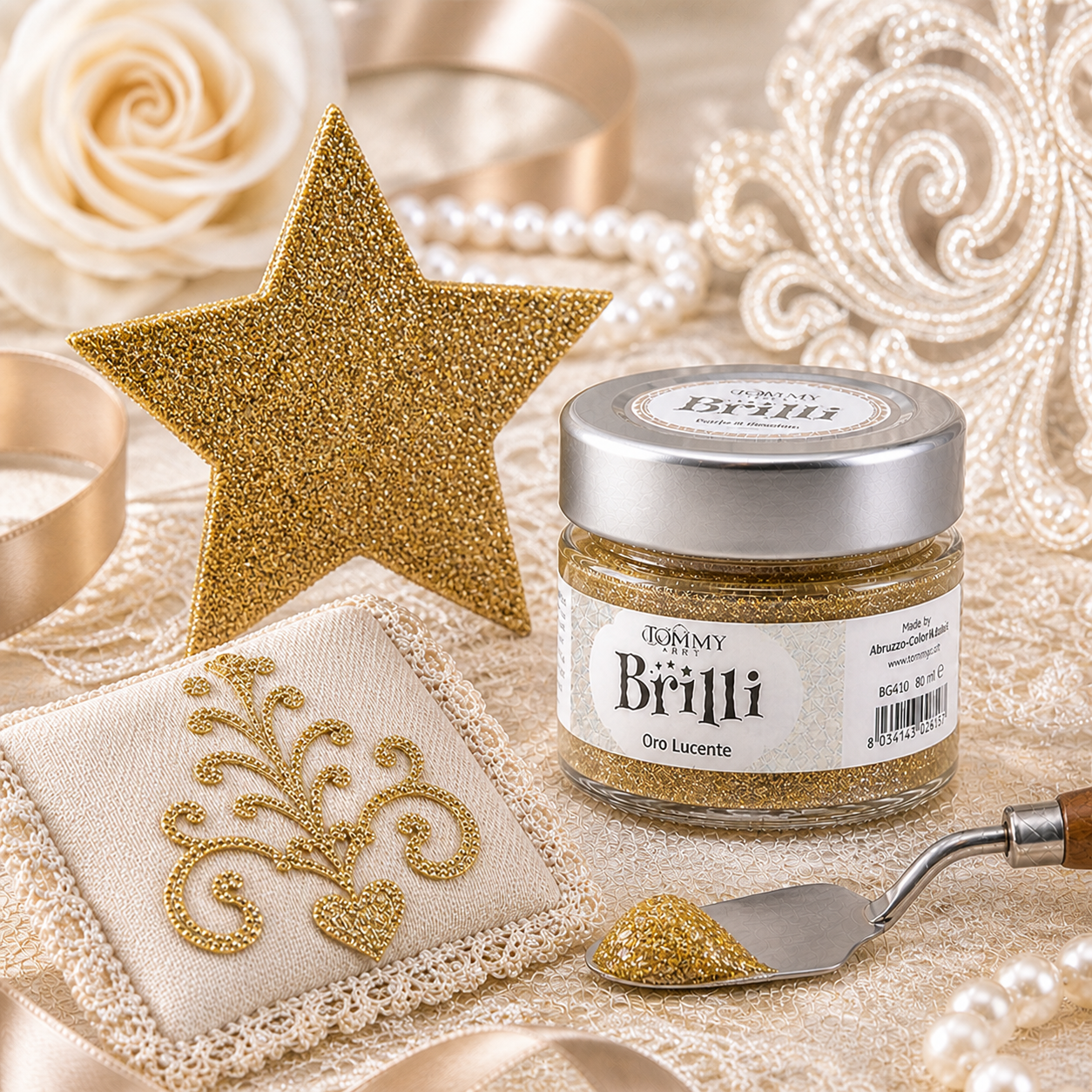Barattolo glitter oro con decorazioni eleganti
