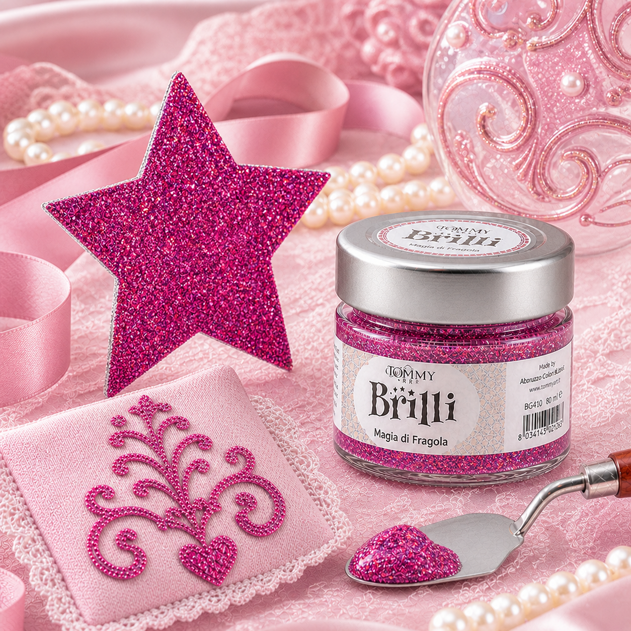 Barattolo di glitter rosa con decorazioni eleganti