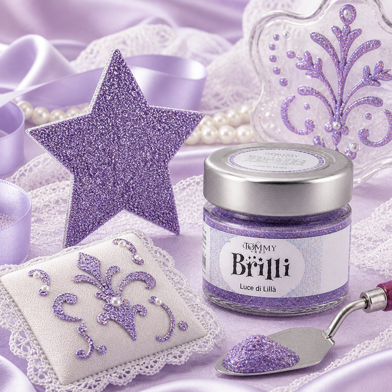 Barattolo glitter lilla con decorazioni brillanti