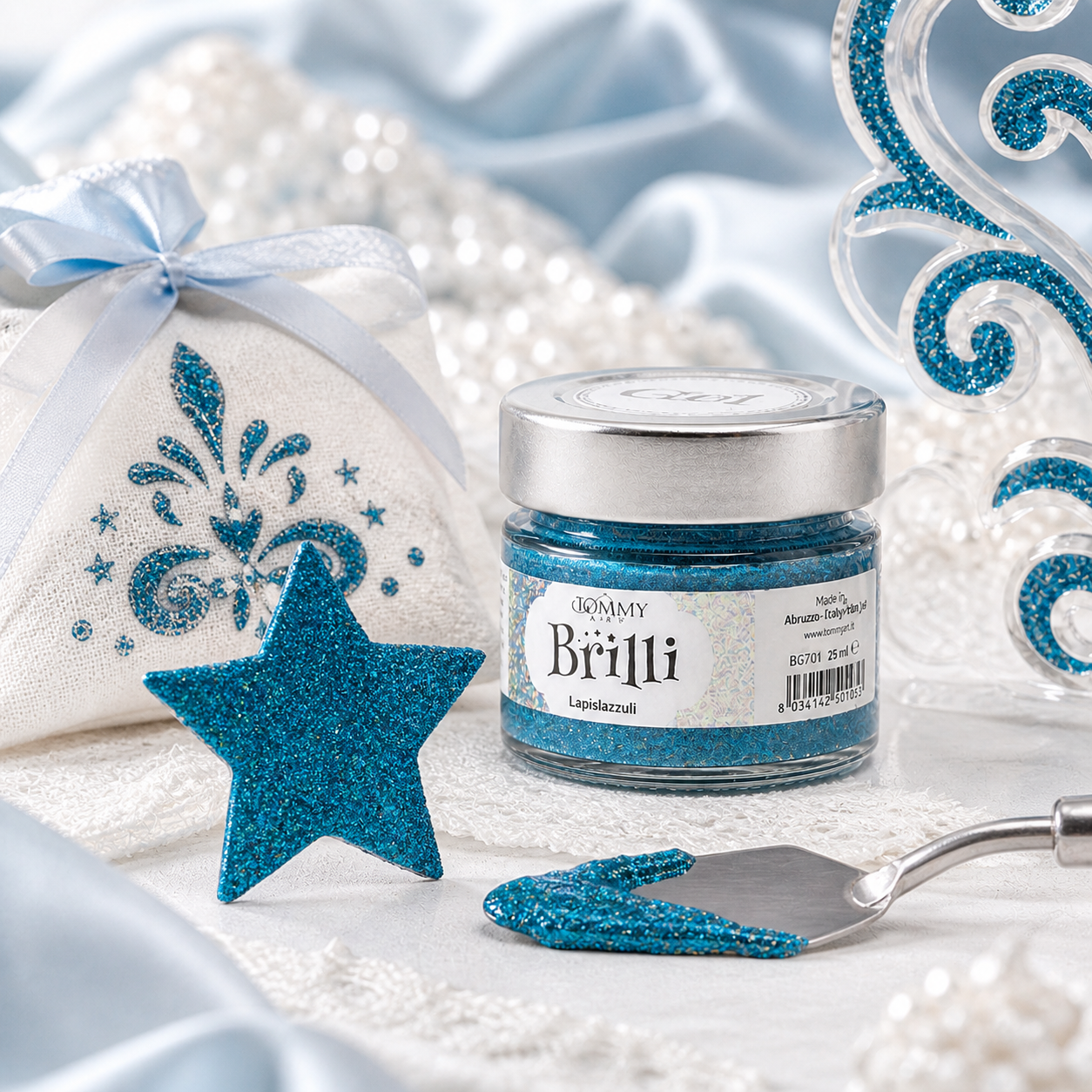 Barattolo glitter blu con stella decorativa