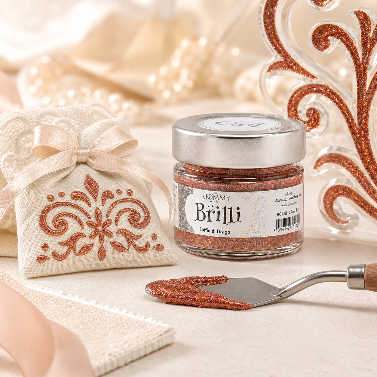 Barattolo glitter rame con sacchetto decorato
