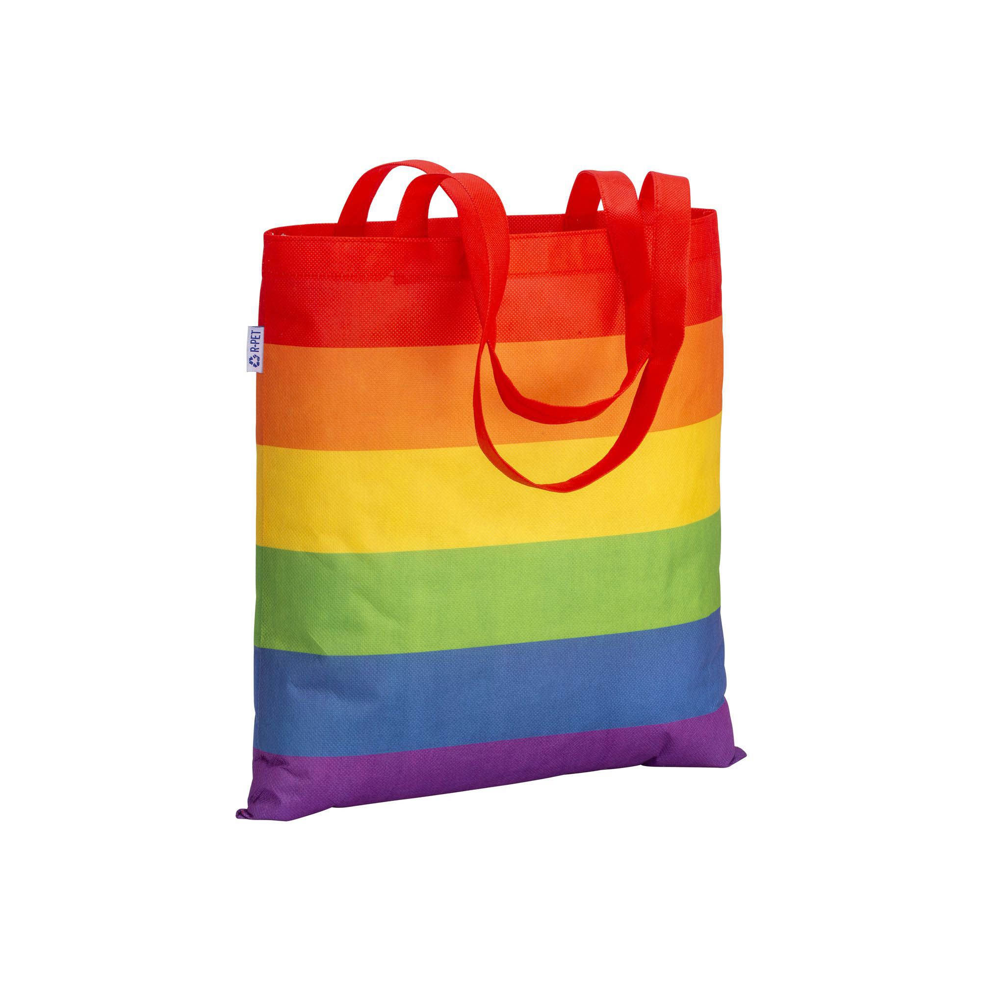 Borsa riutilizzabile arcobaleno con manici rossi