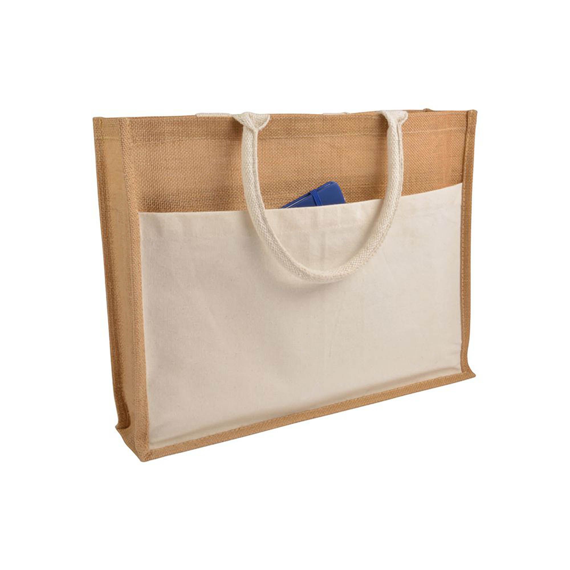 Borsa shopper in juta con tasca frontale