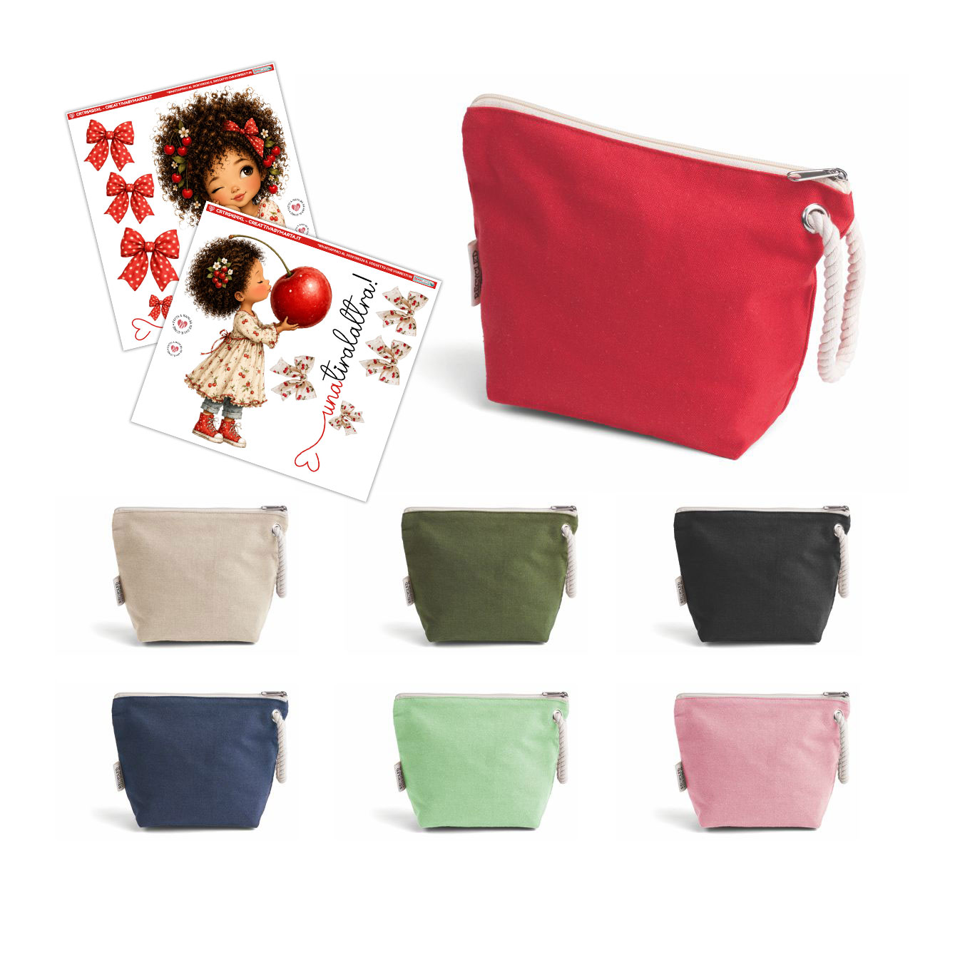 Pochette in tela colorata con stampa decorativa