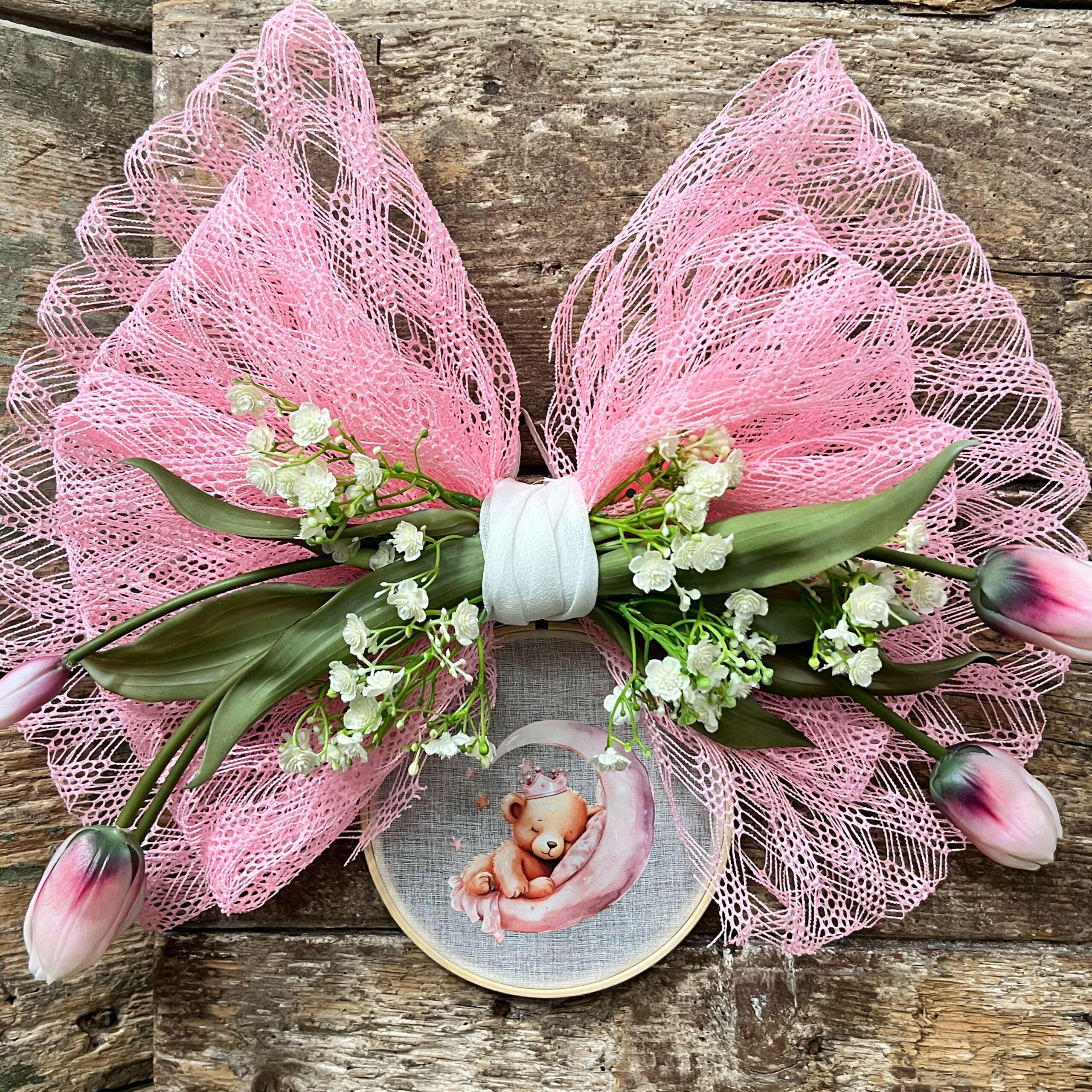 Fiocco nascita rosa con tulipani e orsetto