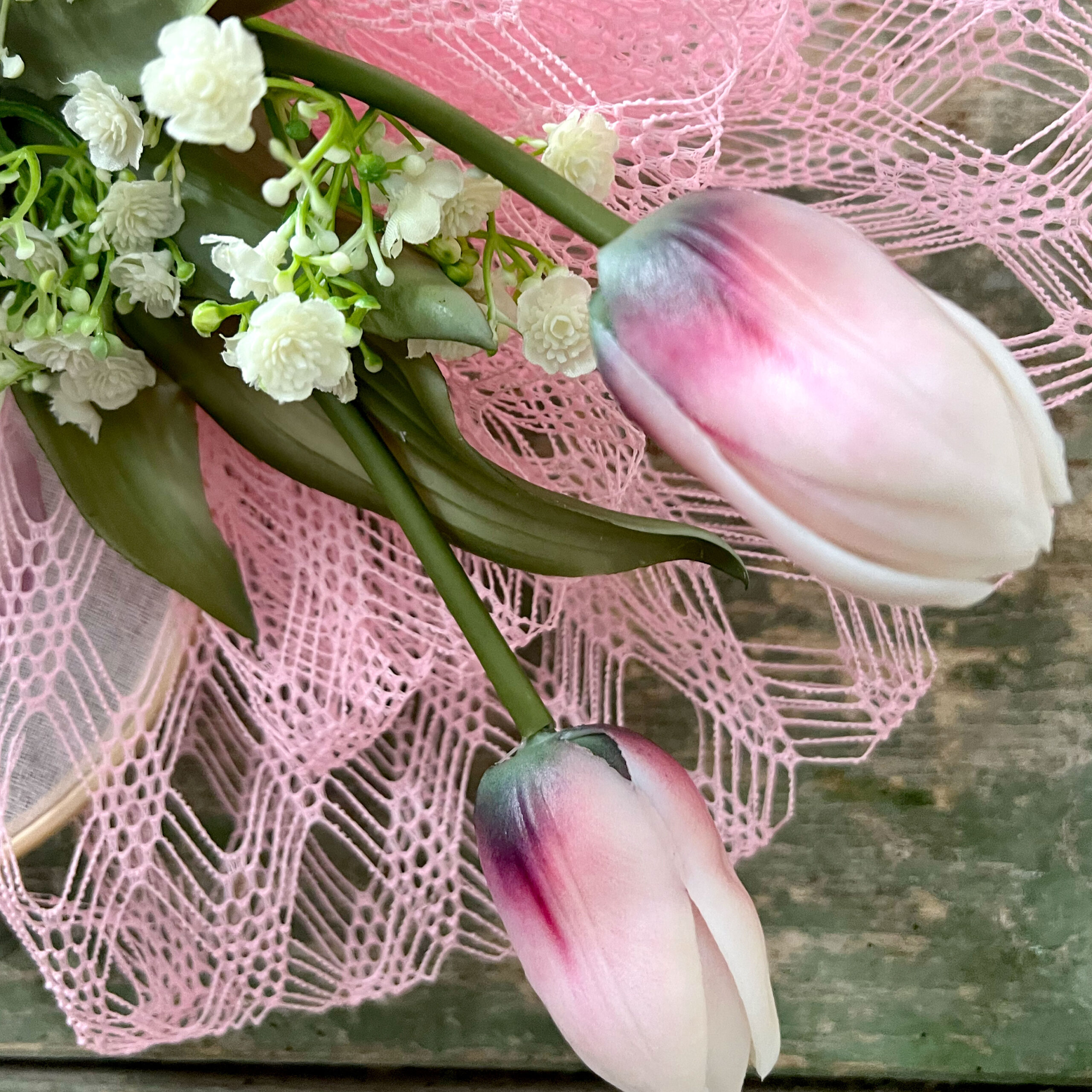 Tulipani rosa e bianchi su pizzo rosa