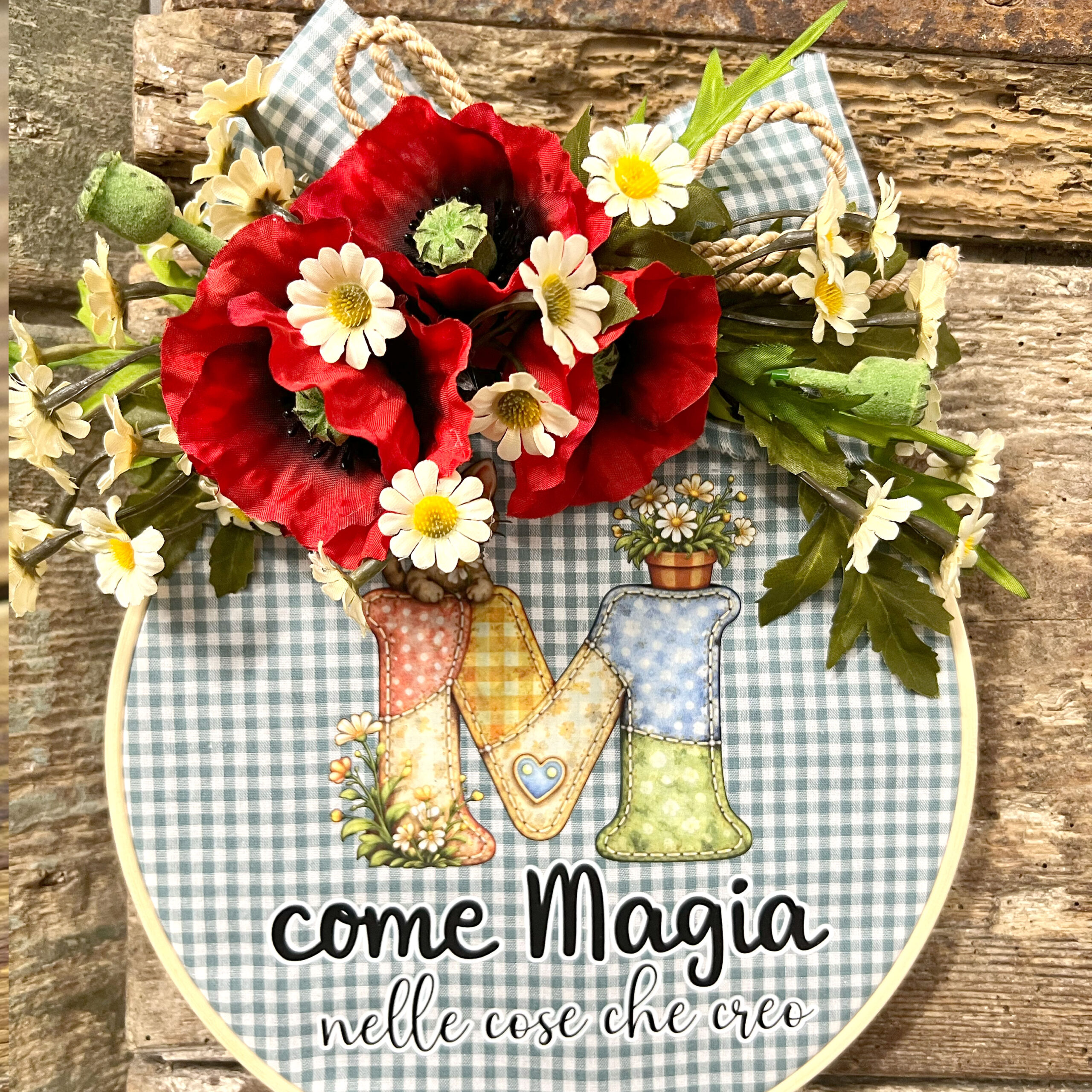 Targa decorativa con papaveri rossi e margherite