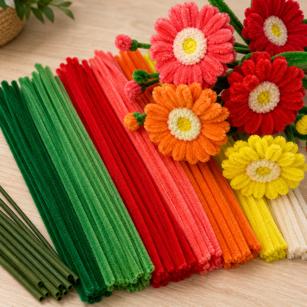 Fiori colorati creati con scovolini su tavolo