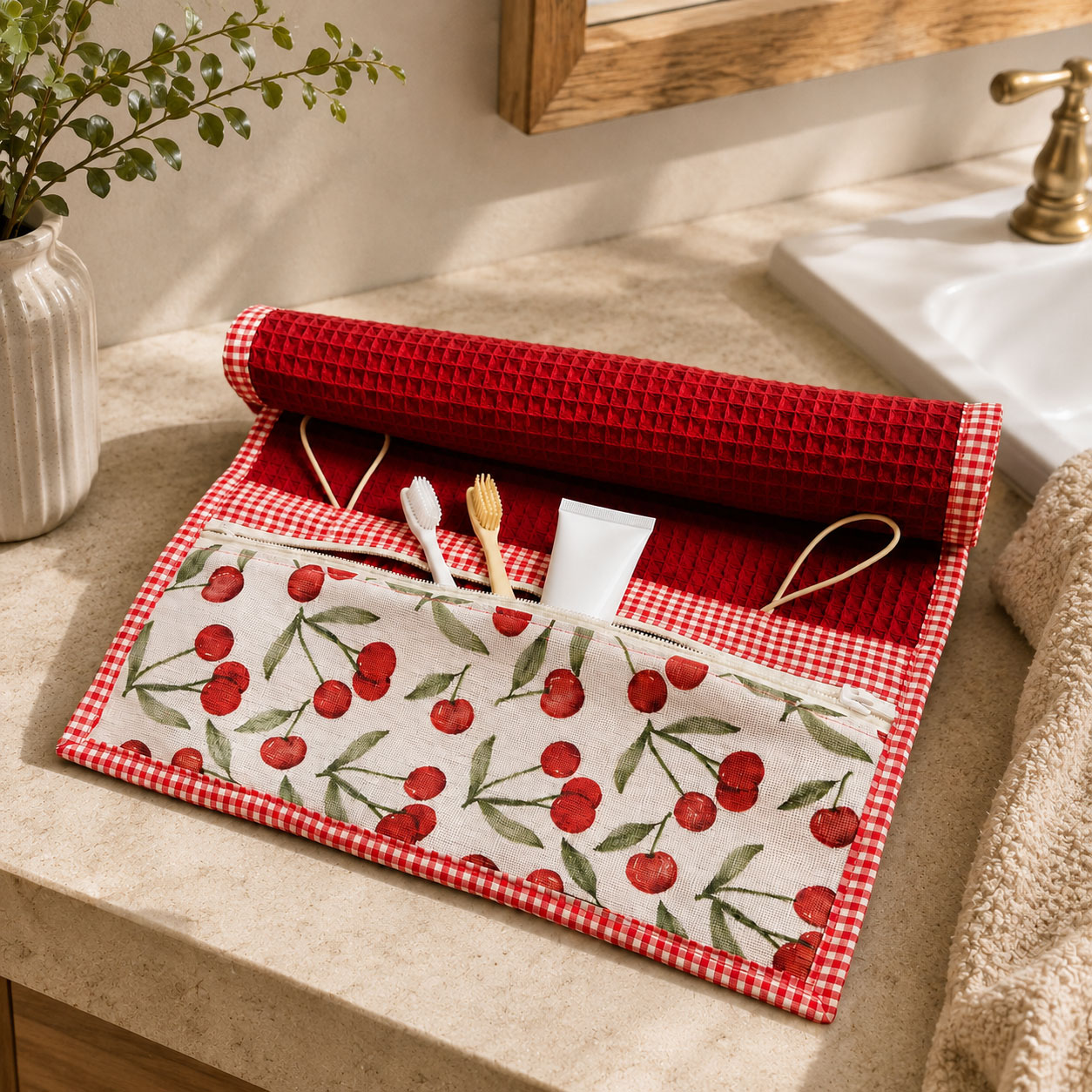 Beauty case arrotolabile con fantasia ciliegie