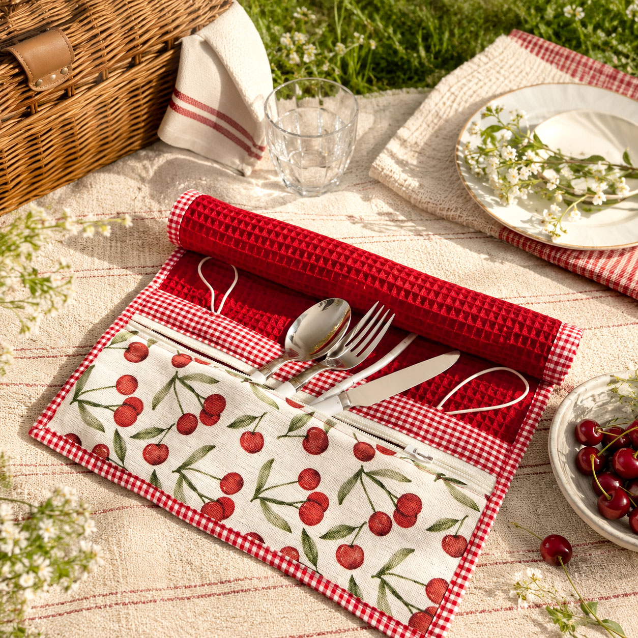 Portaposate rosso con ciliegie per picnic