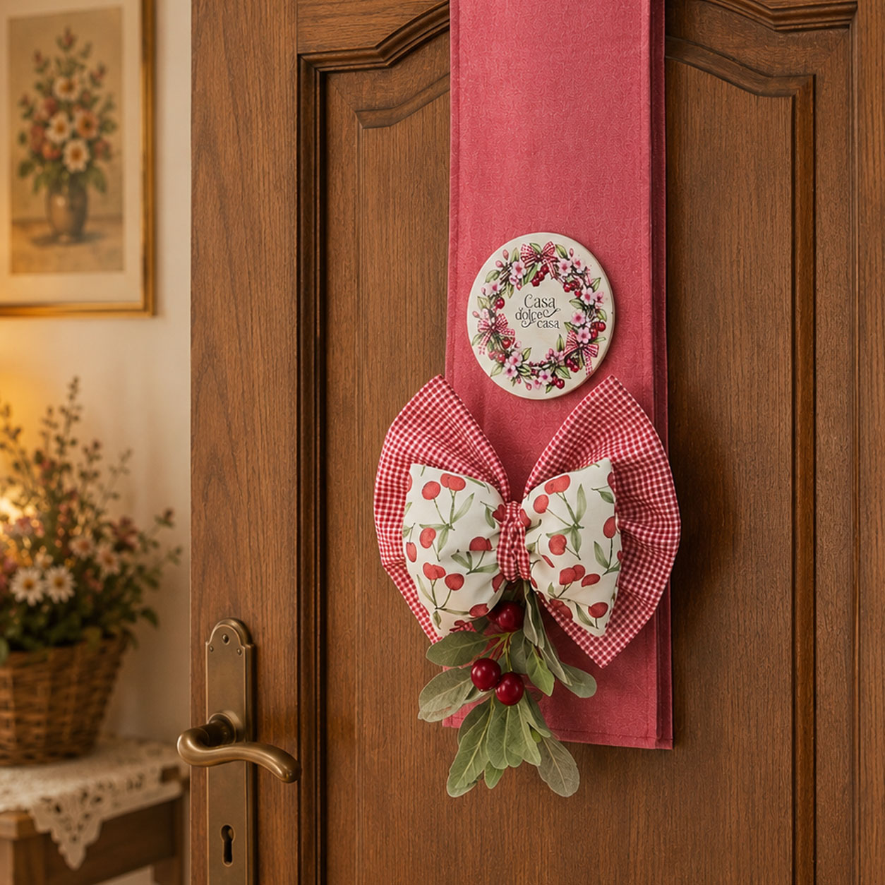 Fiocco decorativo con ciliegie su porta in legno
