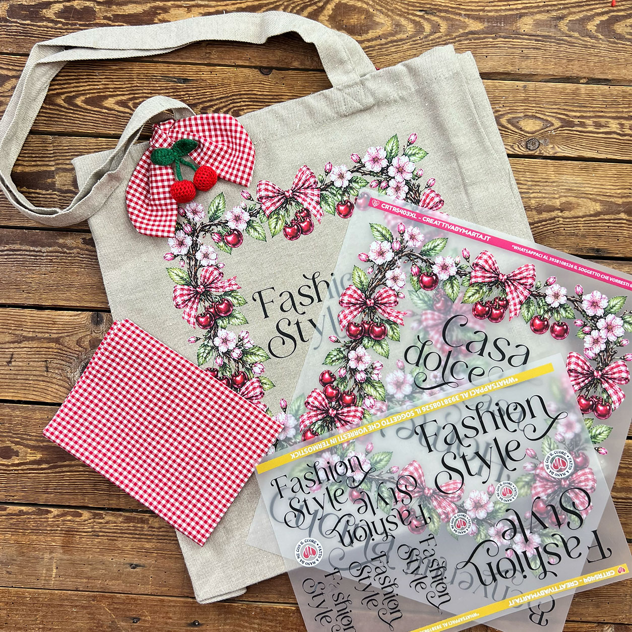 Borsa in tela con stampa ciliegie floreali