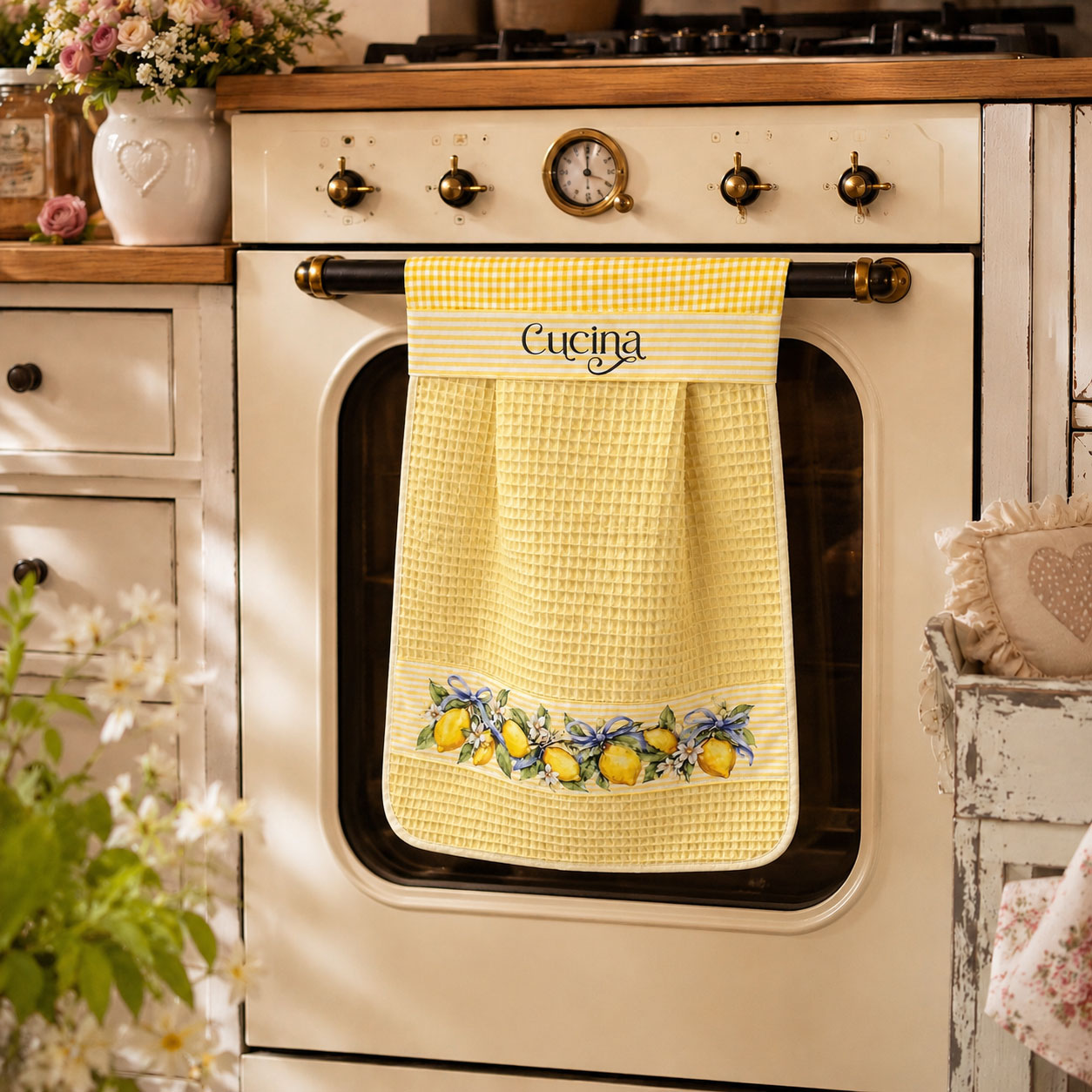Canovaccio giallo con limoni su forno vintage