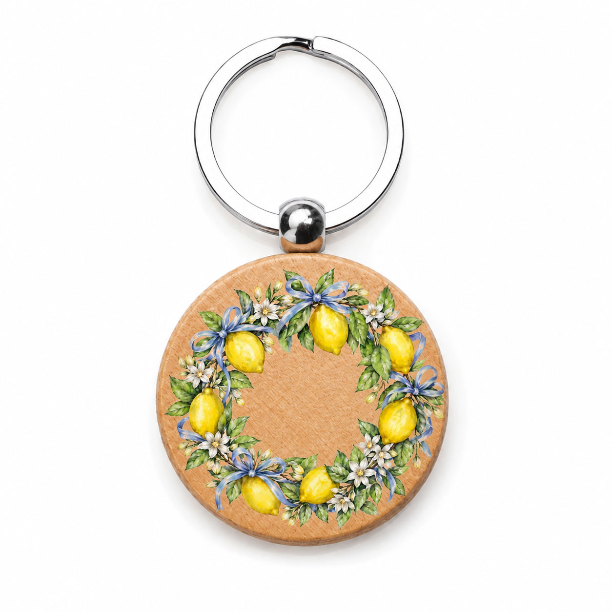 Portachiavi rotondo in legno con limoni decorati