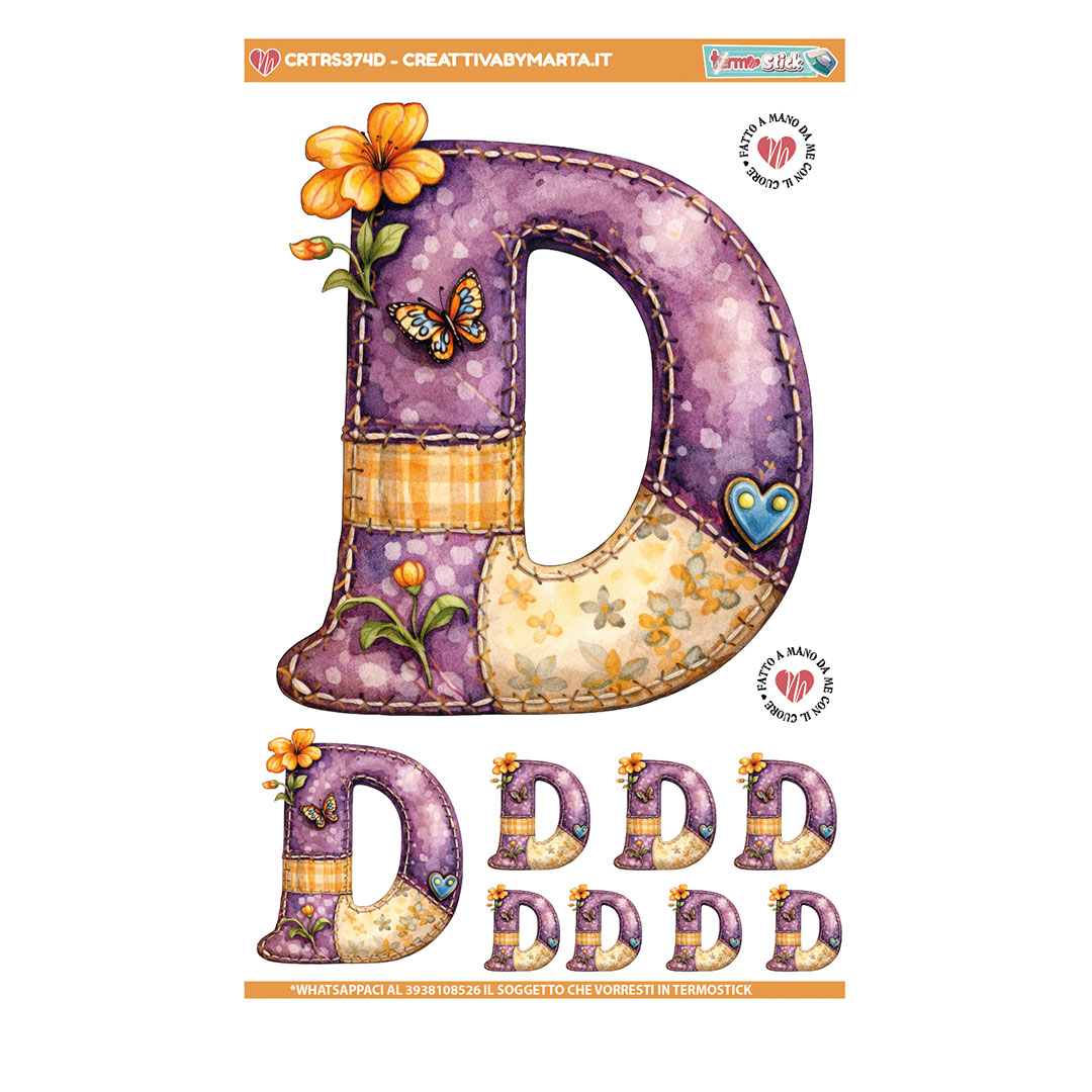 Lettera D decorativa patchwork con fiori e farfalla